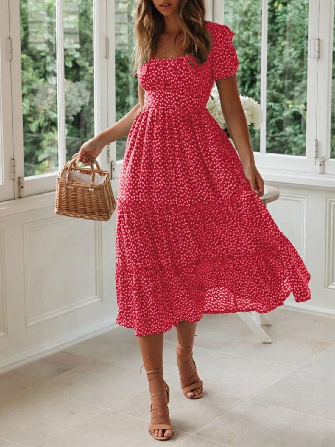 Printed Square Neck Short Sleeve Midi Dress