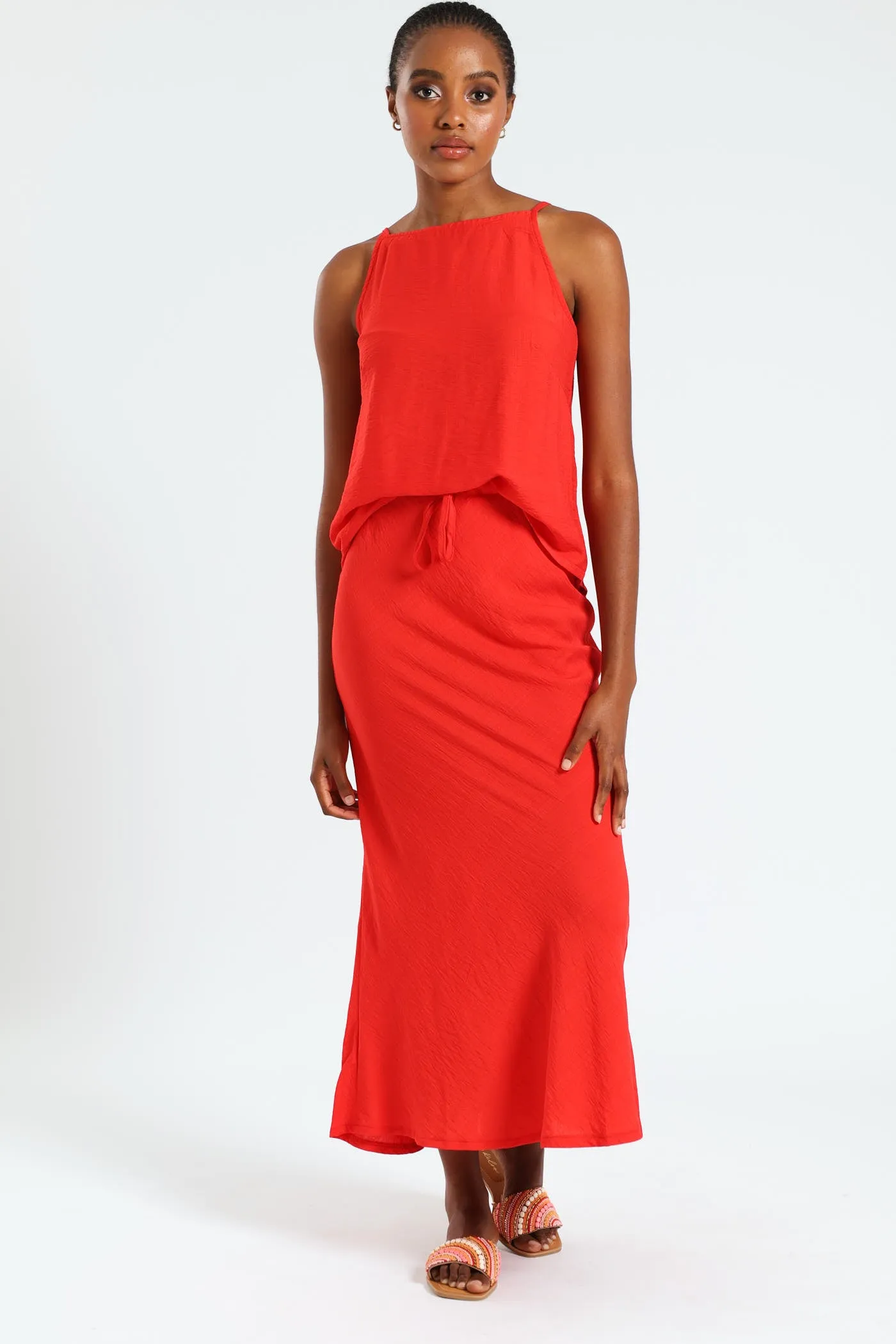 Pull On Bias Cut Midi Skirt - Red