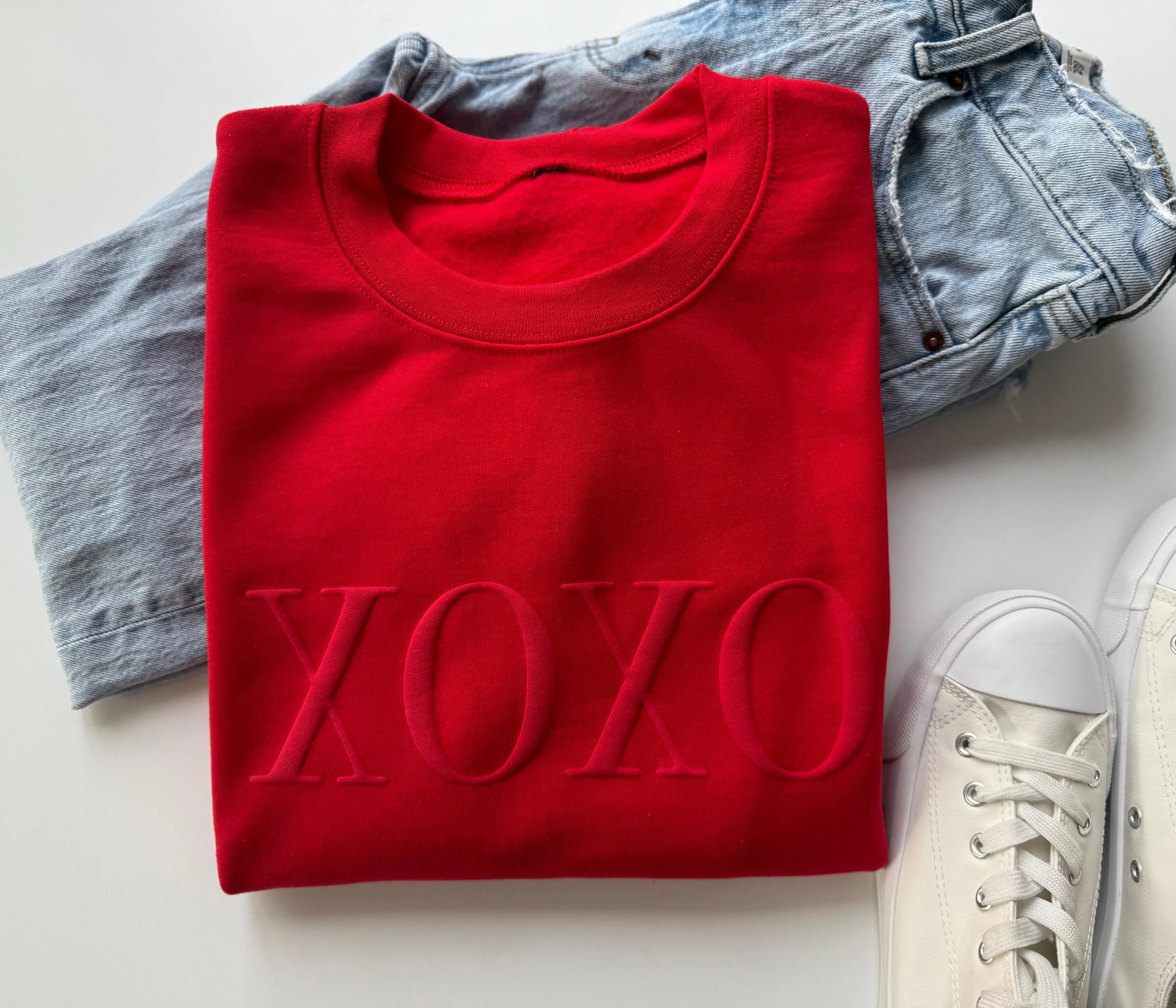 Red XOXO Puff Embossed Valentines Sweatshirt
