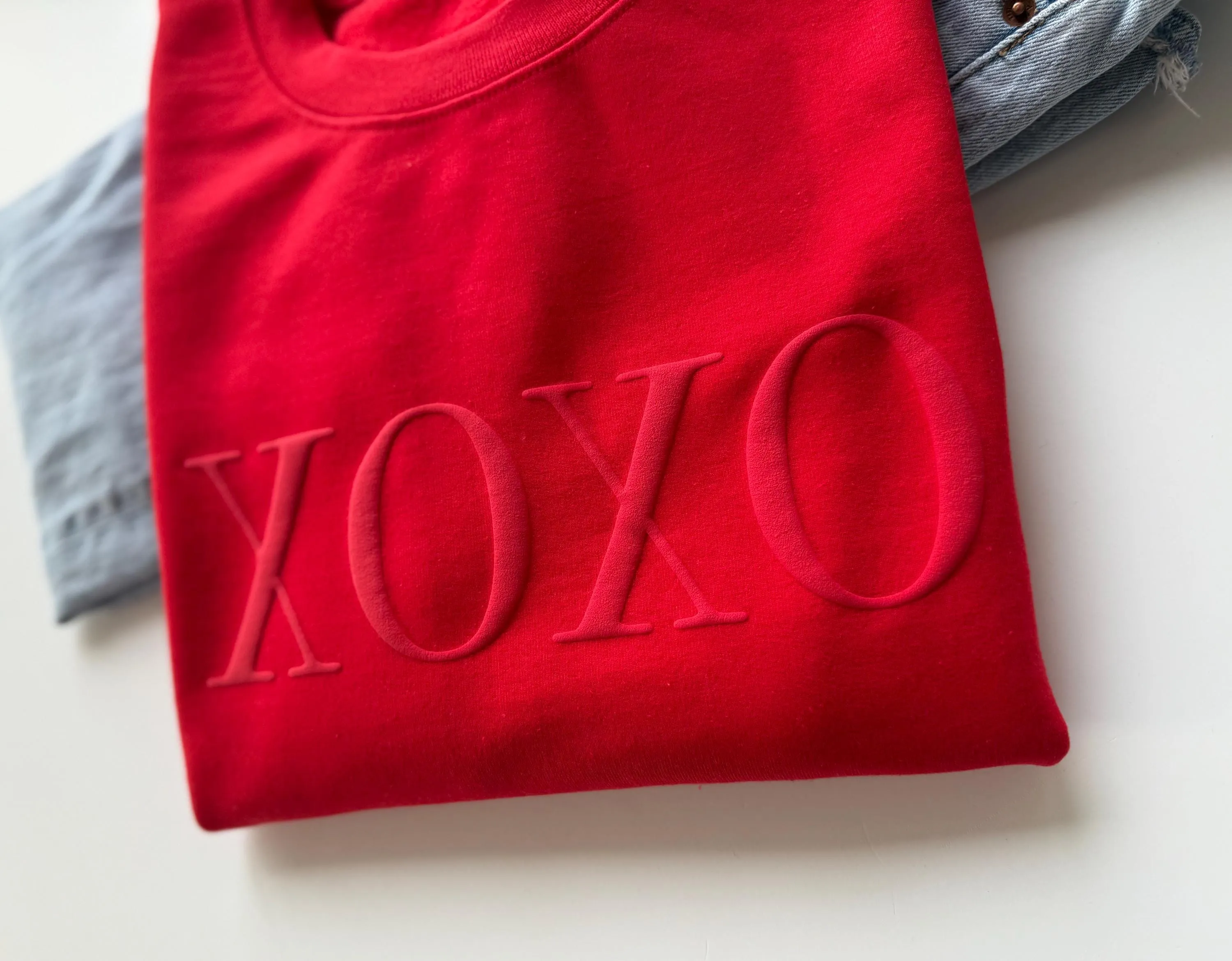 Red XOXO Puff Embossed Valentines Sweatshirt