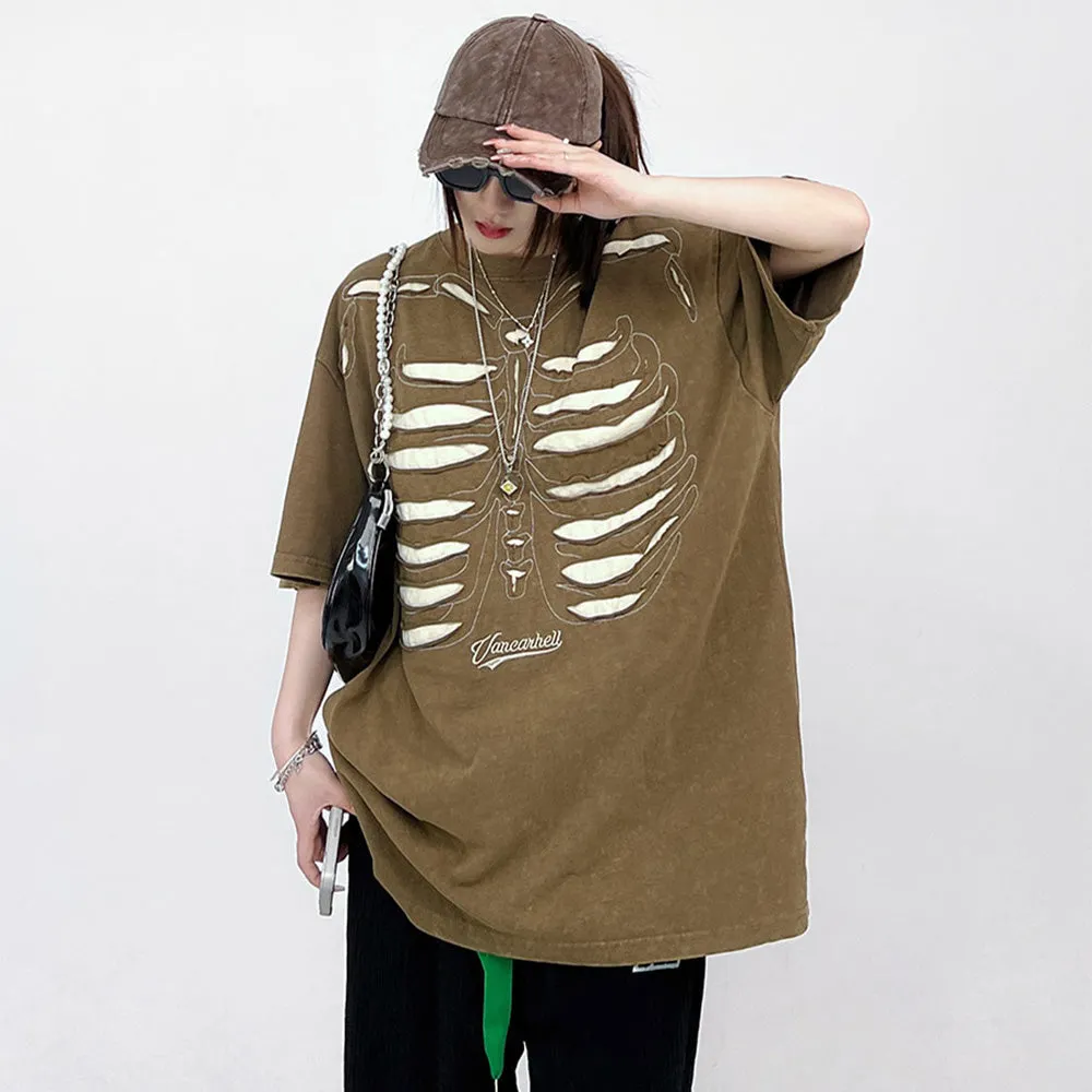 Retro Skeleton Hole Embroidery Oversize T-shirt