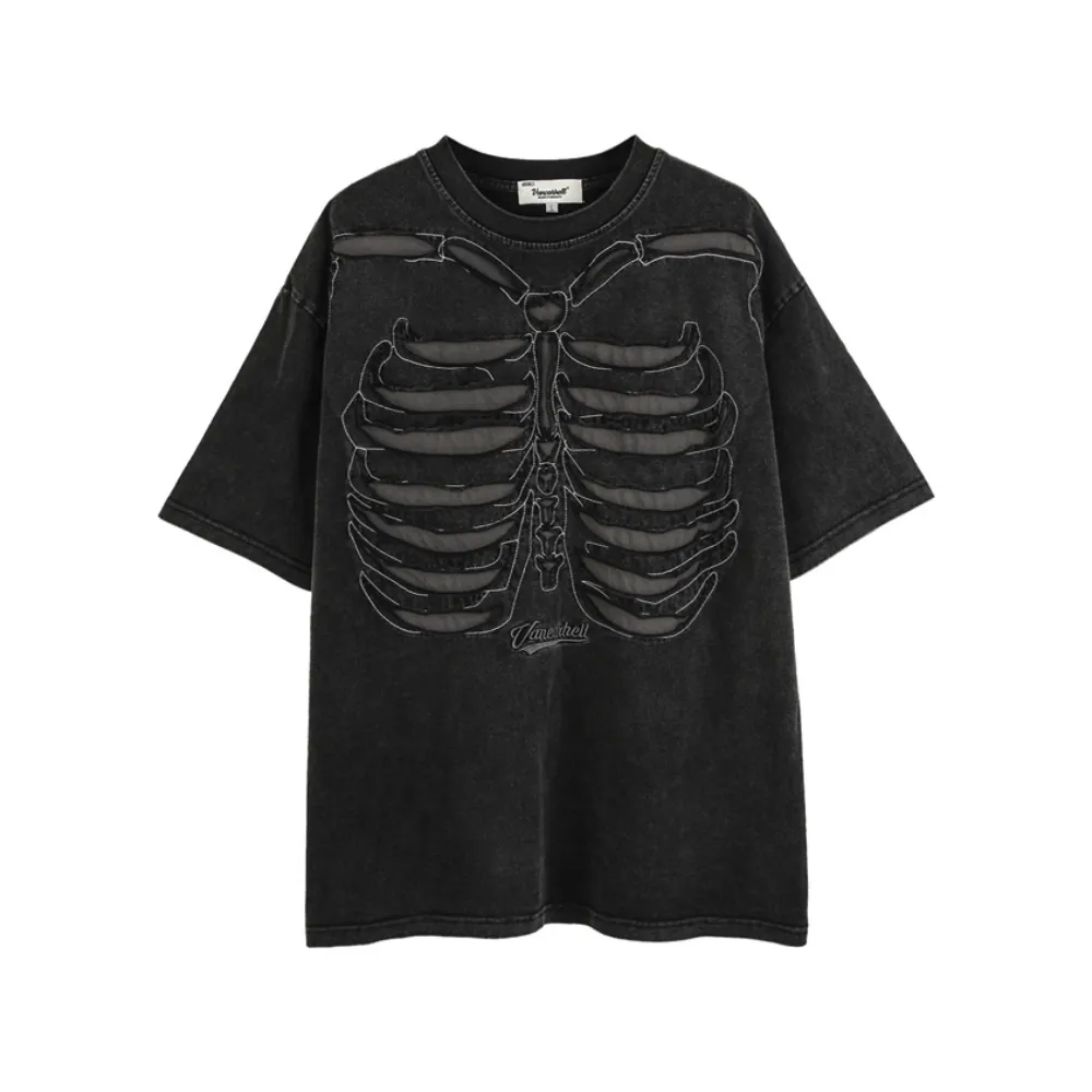 Retro Skeleton Hole Embroidery Oversize T-shirt