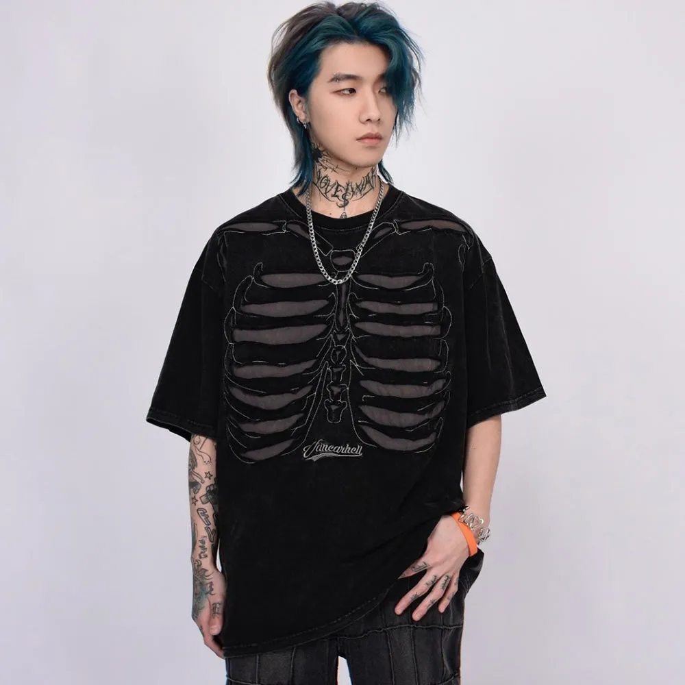Retro Skeleton Hole Embroidery Oversize T-shirt