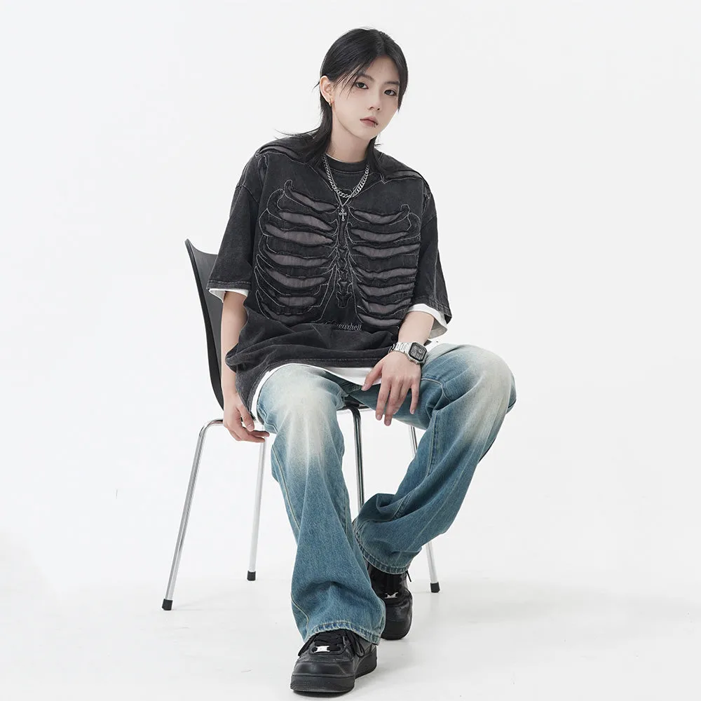 Retro Skeleton Hole Embroidery Oversize T-shirt