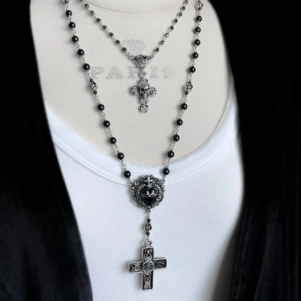 Rose and Skull Short Rosary Necklace