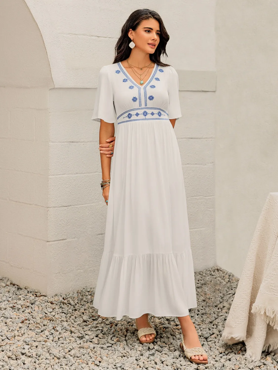 Ruffled Hem V-Neck Flutter Sleeve Dress