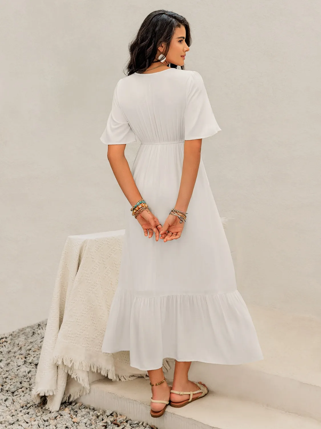 Ruffled Hem V-Neck Flutter Sleeve Dress