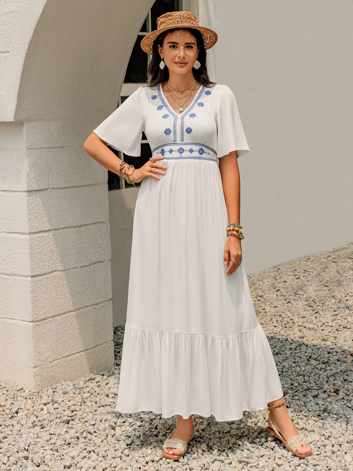 Ruffled Hem V-Neck Flutter Sleeve Dress