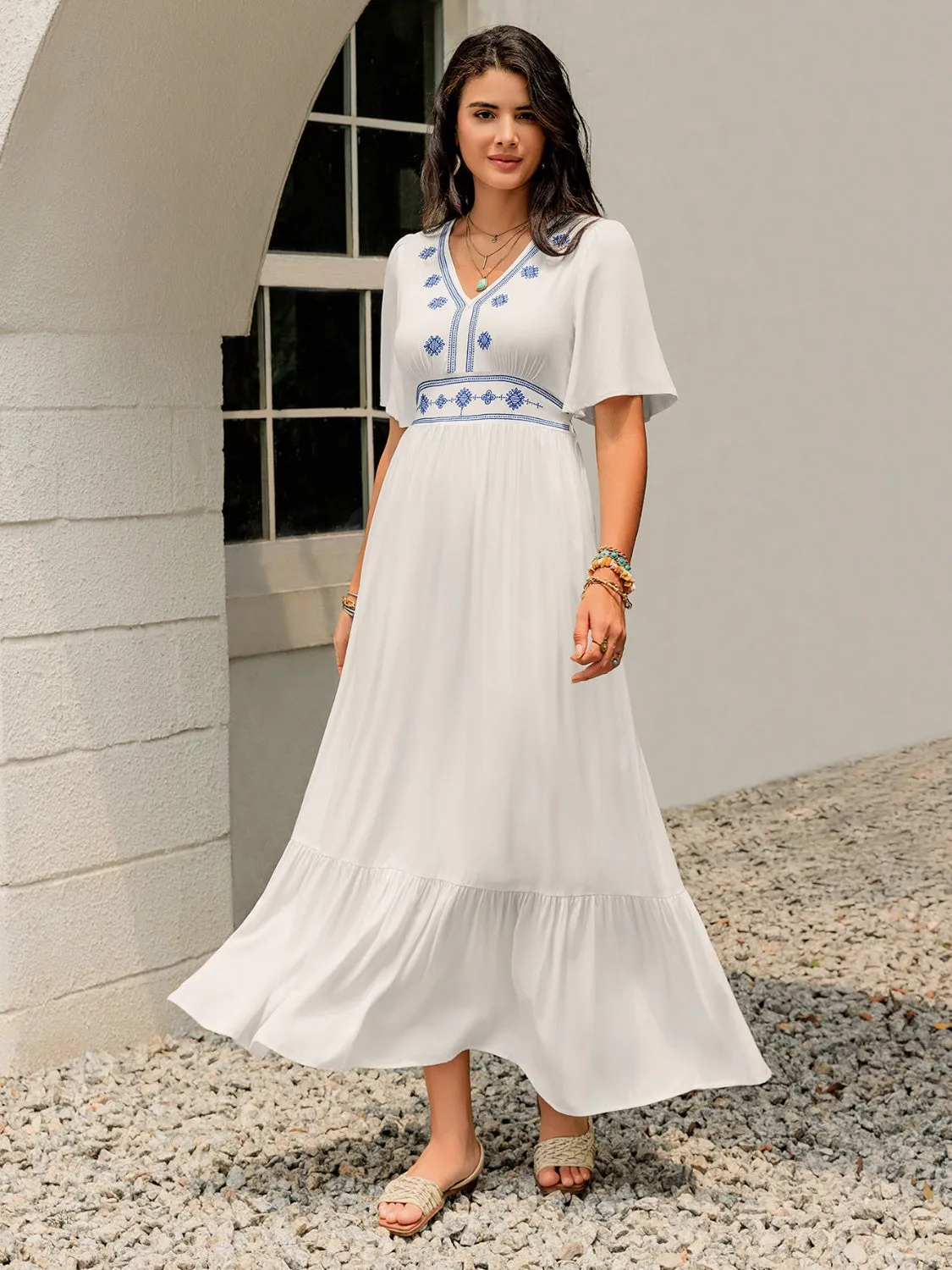Ruffled Hem V-Neck Flutter Sleeve Dress