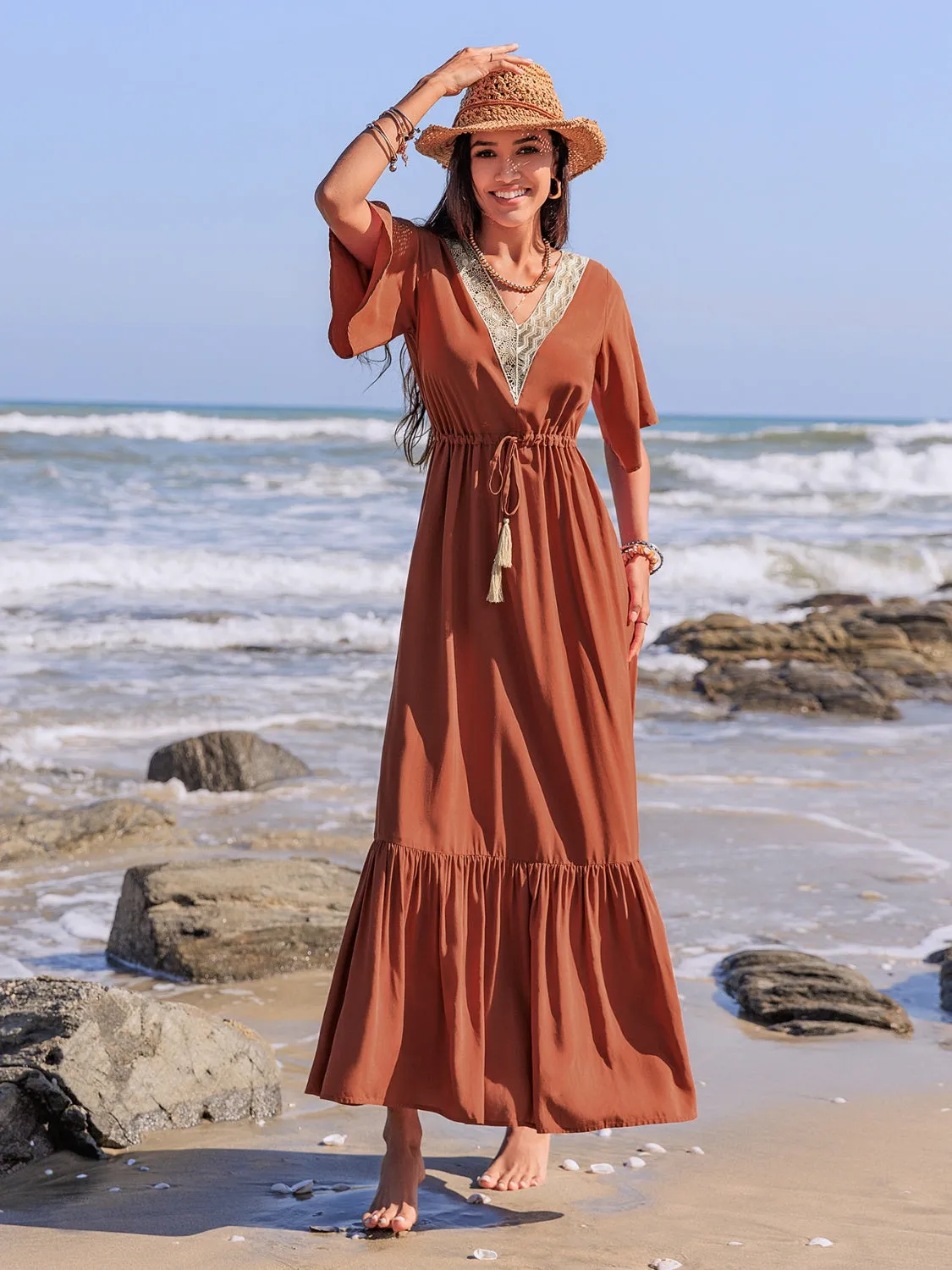 Ruffled Tassel V-Neck Flutter Sleeve Dress