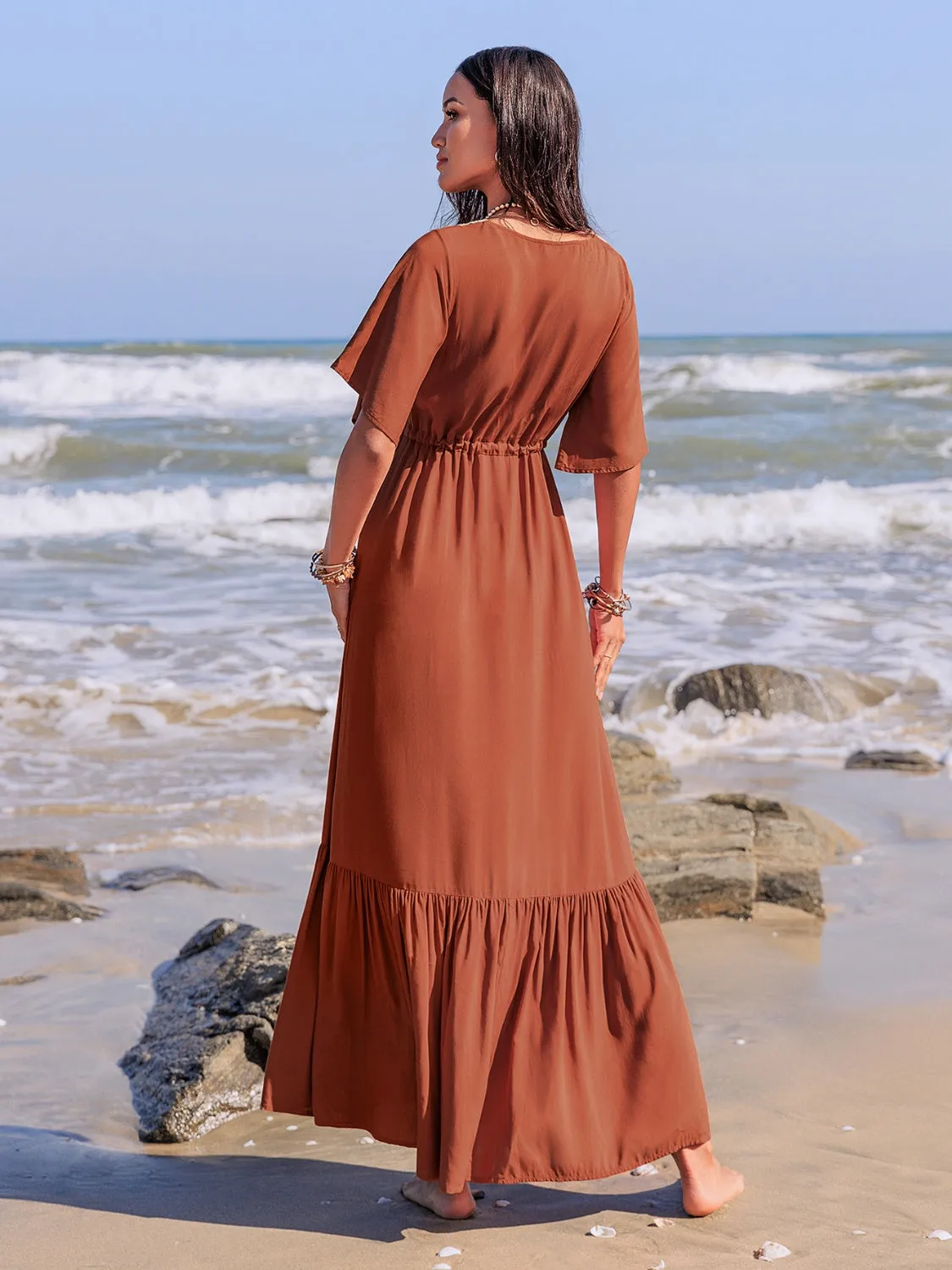 Ruffled Tassel V-Neck Flutter Sleeve Dress
