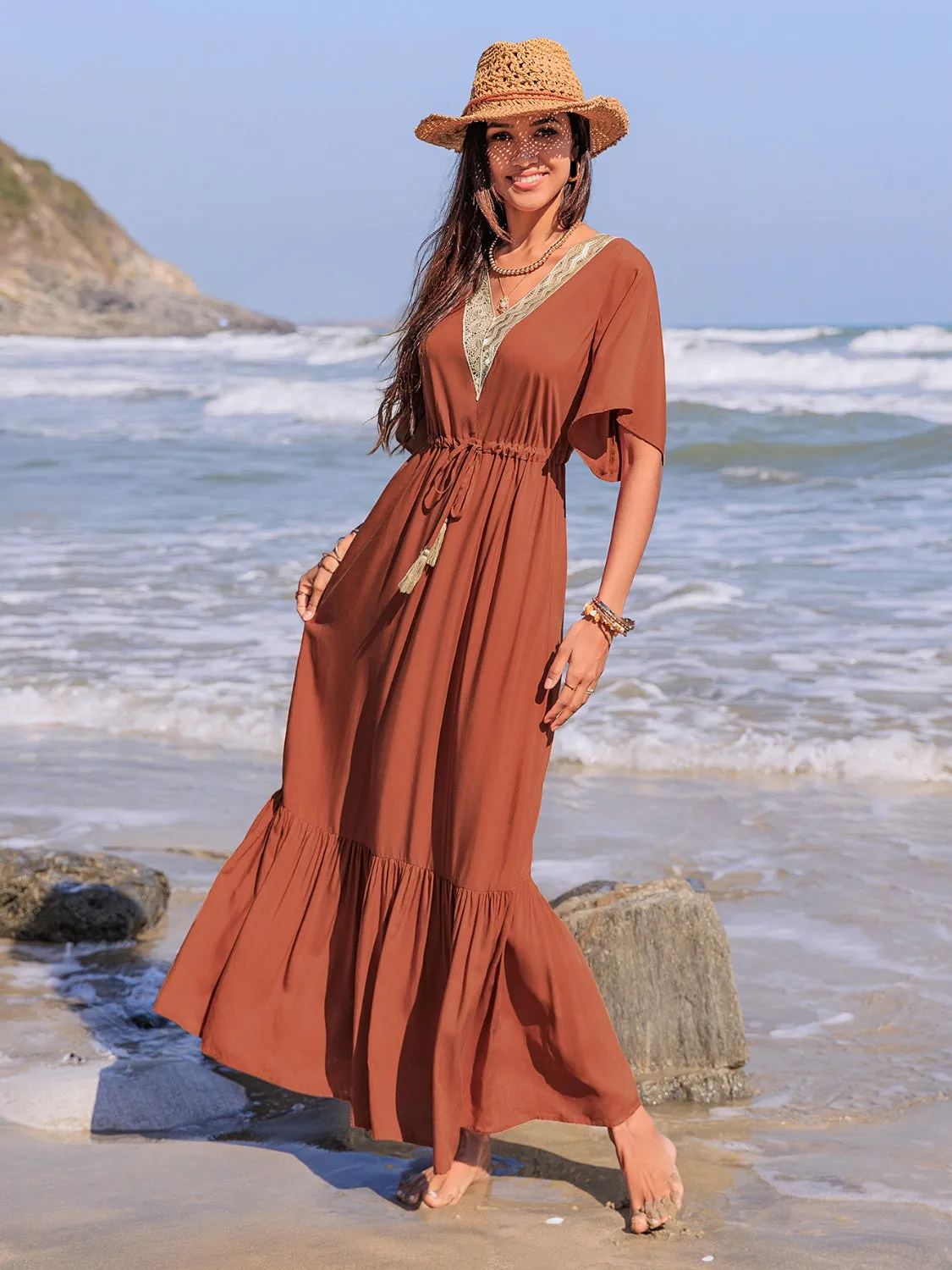 Ruffled Tassel V-Neck Flutter Sleeve Dress