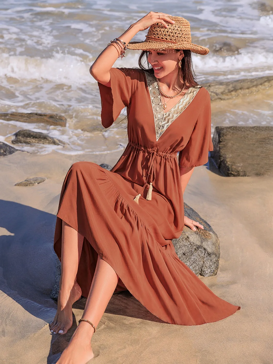 Ruffled Tassel V-Neck Flutter Sleeve Dress