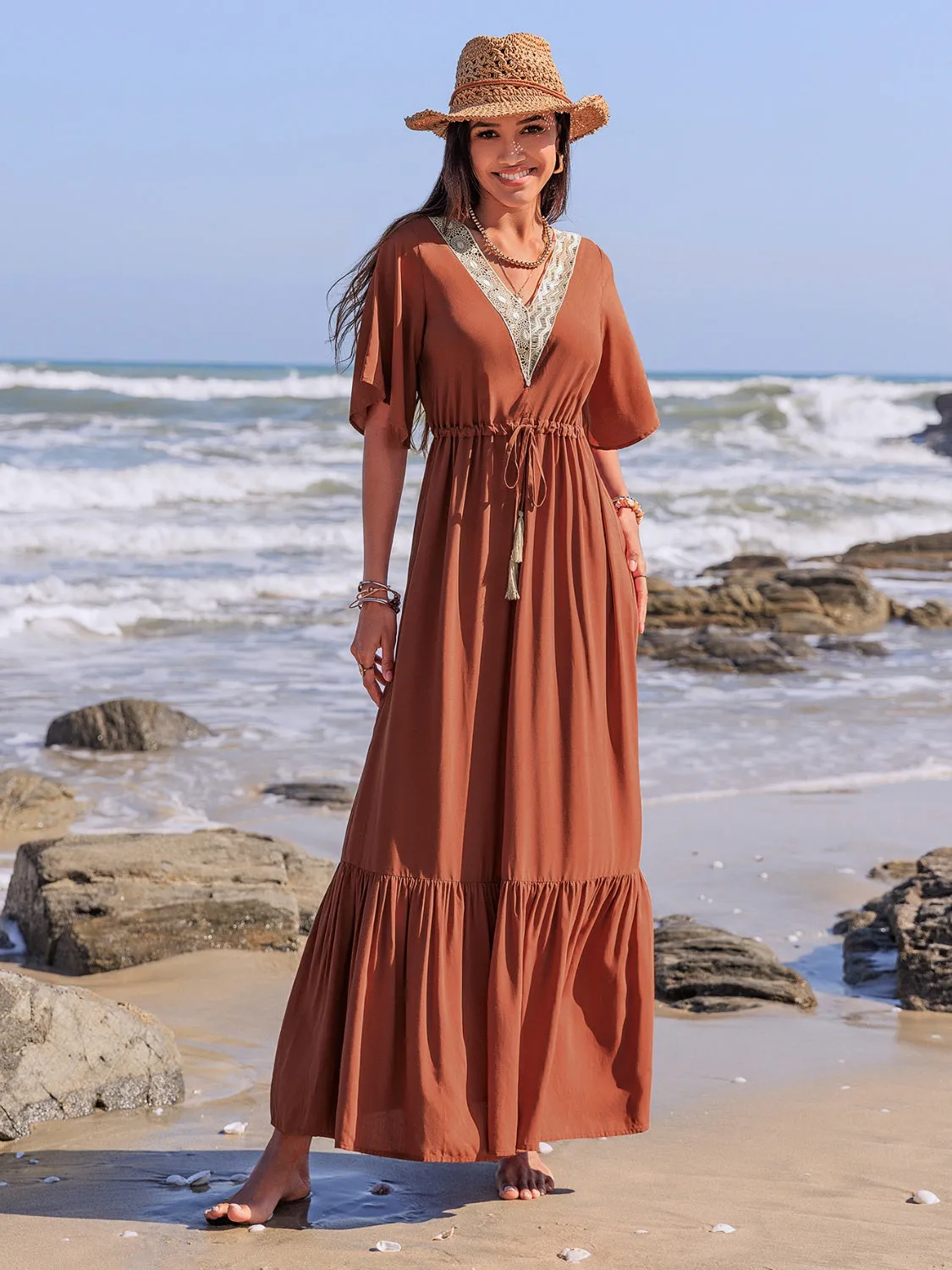 Ruffled Tassel V-Neck Flutter Sleeve Dress