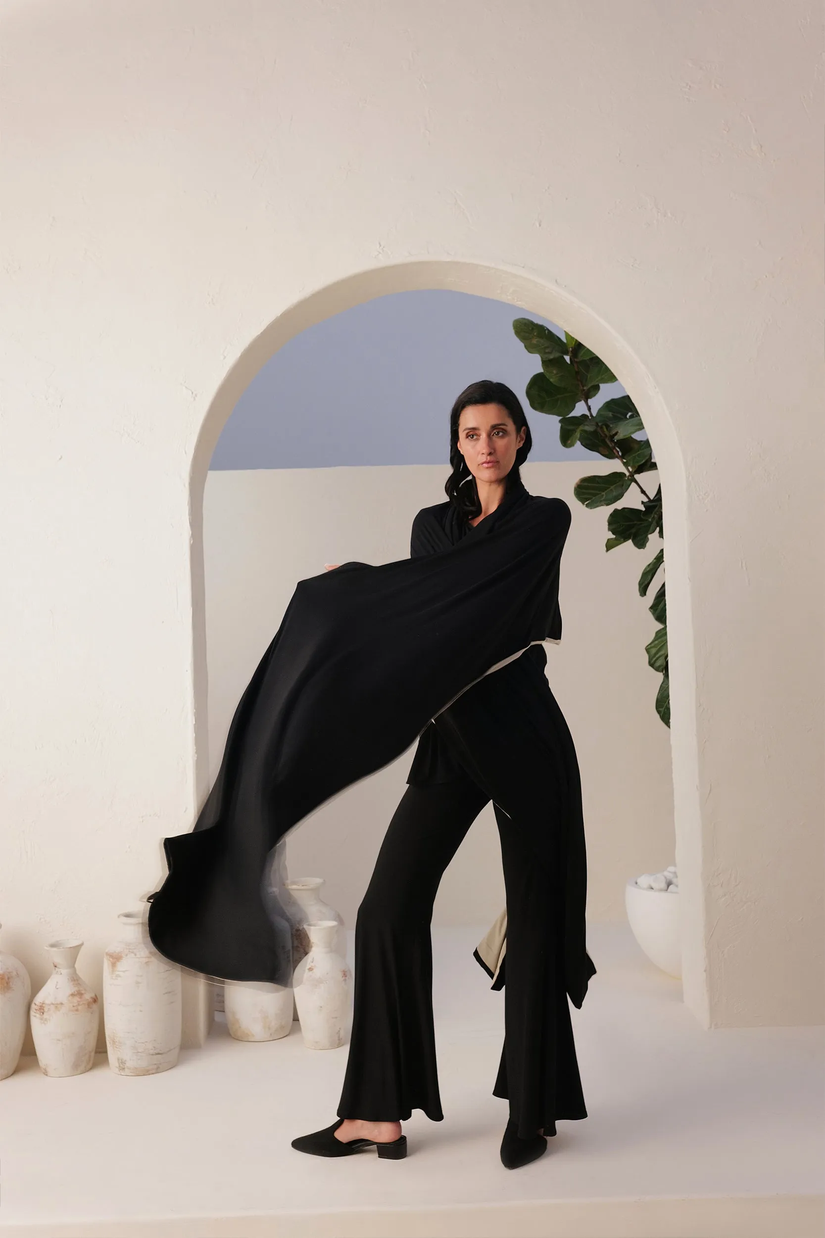 Sand Skin T-shirt, Flared Pants (Black) & Sand Skin Reversible Shawl (Black & Natural)