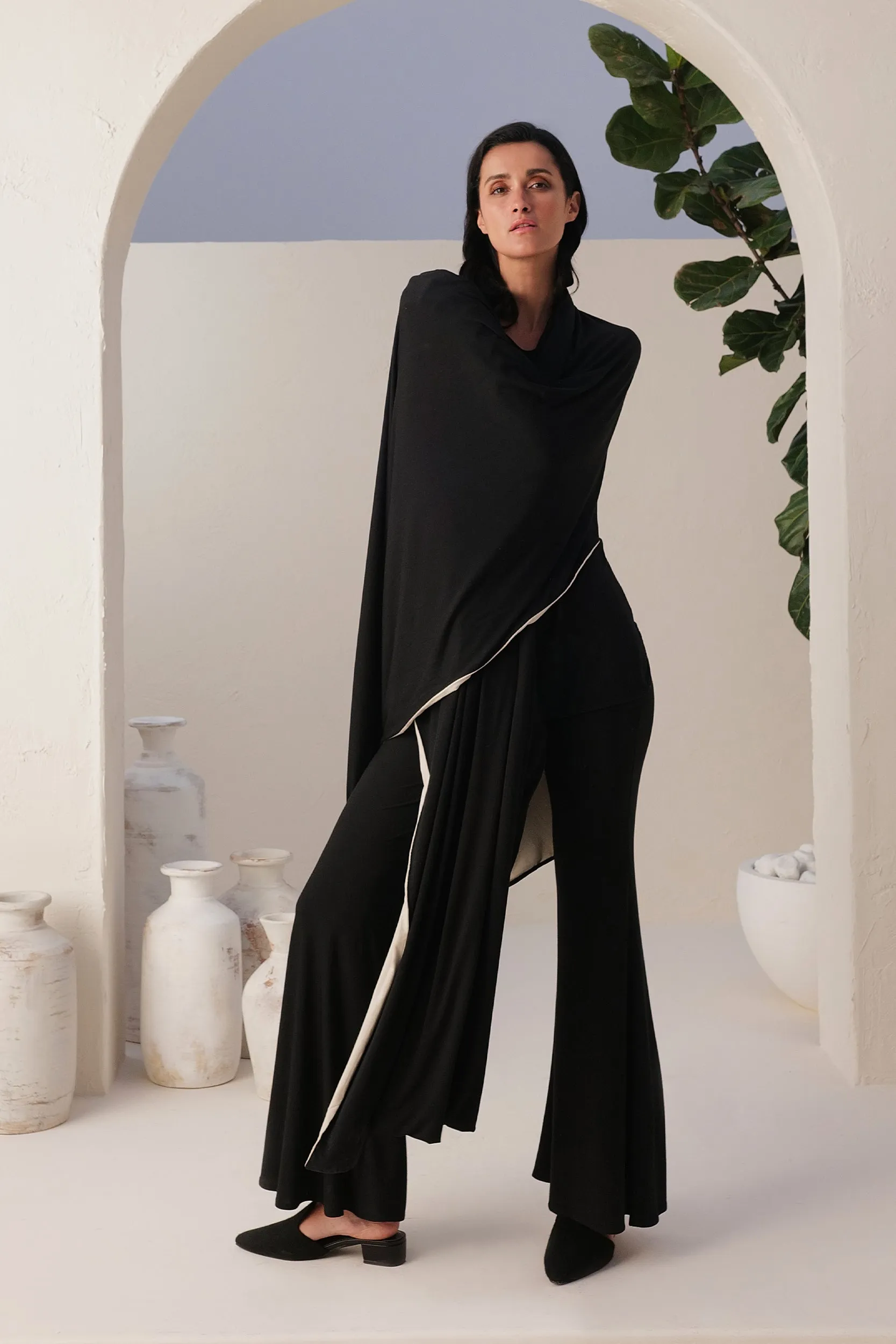 Sand Skin T-shirt, Flared Pants (Black) & Sand Skin Reversible Shawl (Black & Natural)
