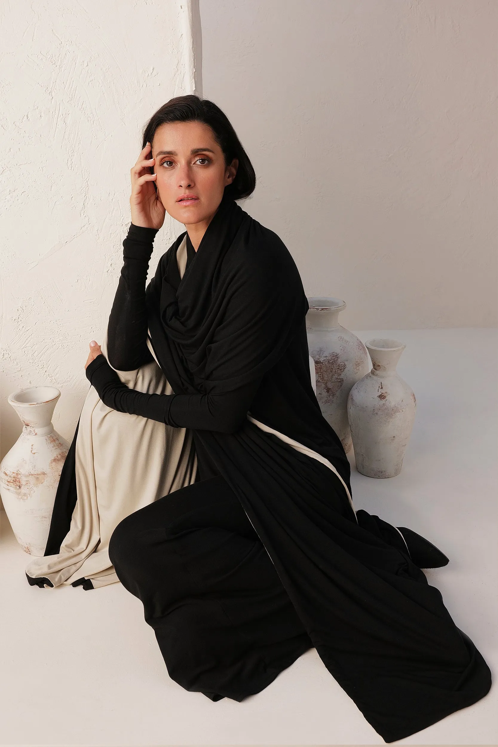 Sand Skin T-shirt, Flared Pants (Black) & Sand Skin Reversible Shawl (Black & Natural)