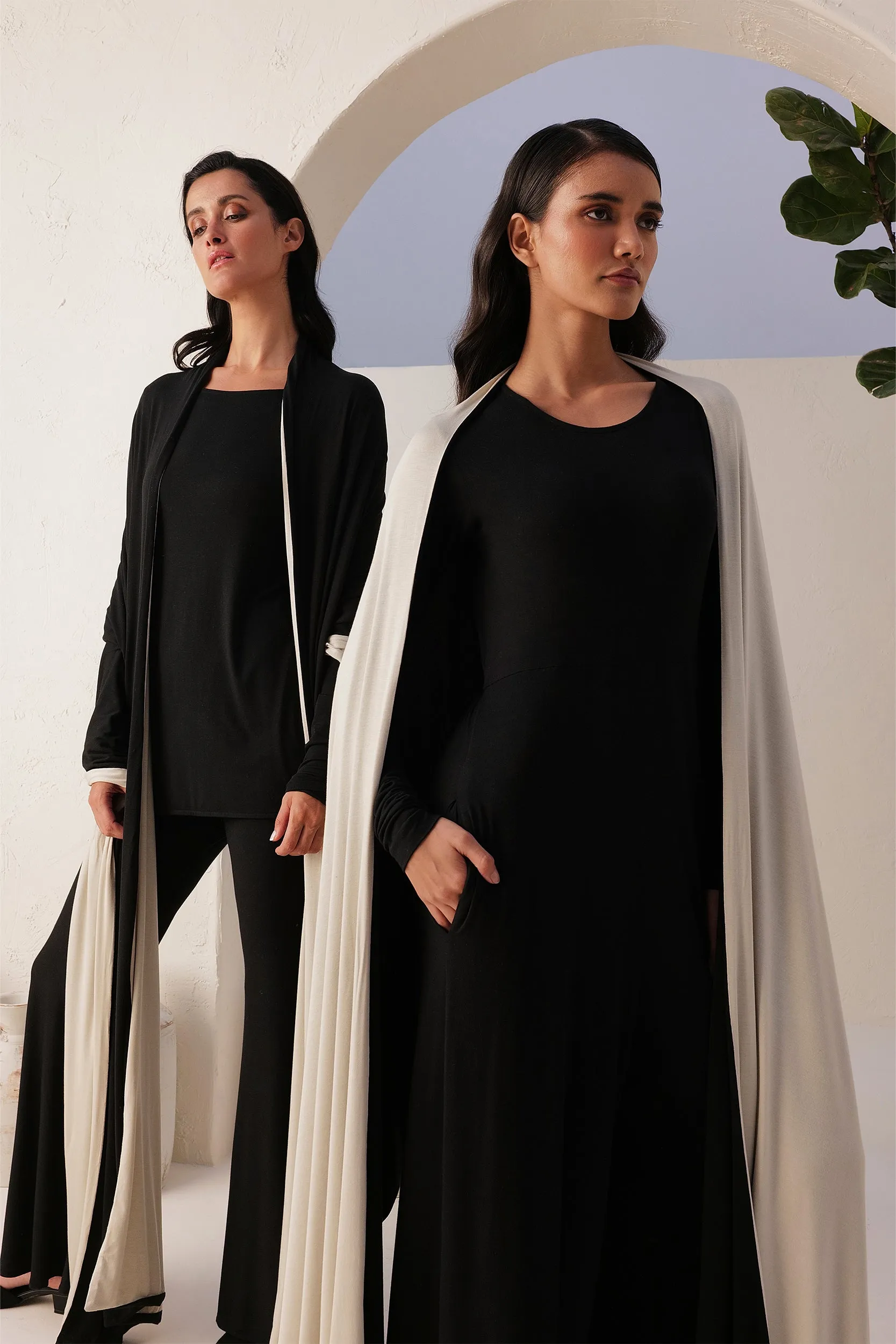 Sand Skin T-shirt, Flared Pants (Black) & Sand Skin Reversible Shawl (Black & Natural)