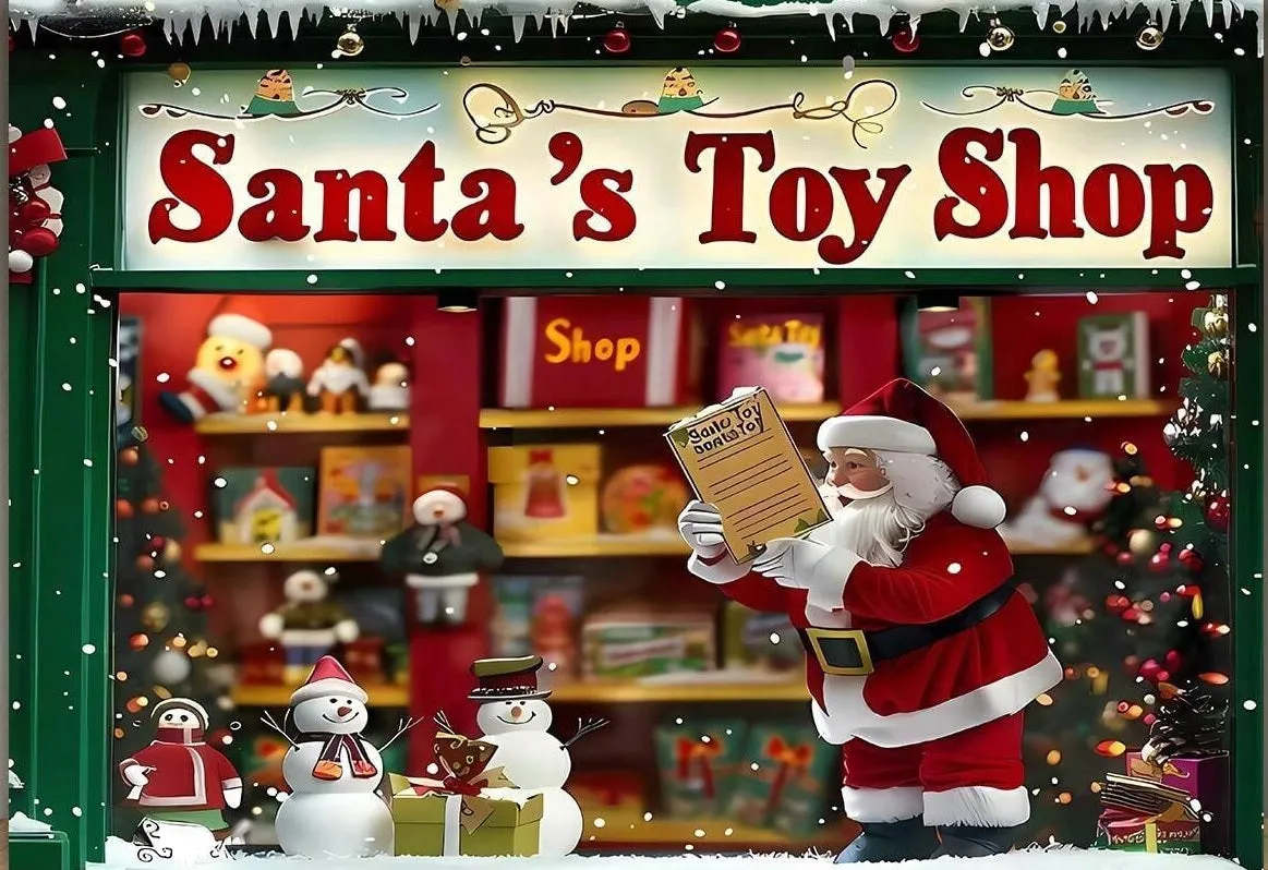 Santa Toy Shop Christmas Backdrop AI Created Digital Download Use For Canvas Poster Wall Art Print DIY Printable Gift Make Your Own Crafts