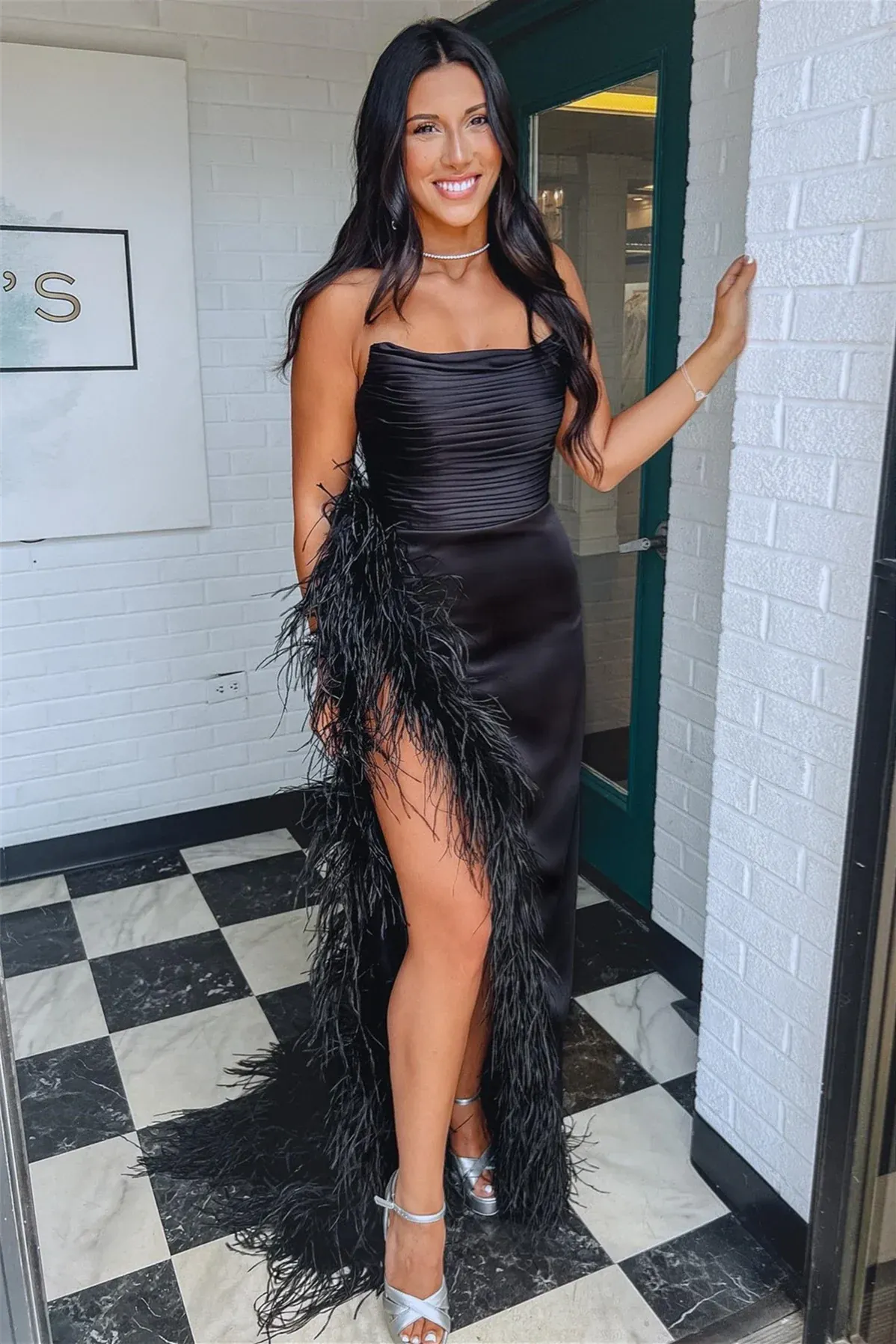 Satin Strapless Ruched Empire Feather Party Prom Dress With High Slit
