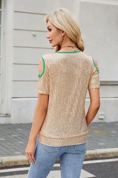 Sequin Crisscross V-Neck Cold Shoulder Blouse