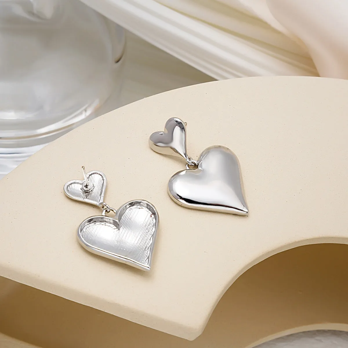 Silver-Plated Double Heart Drop Earrings