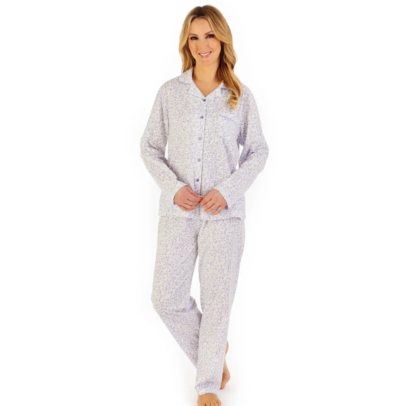 Slenderella Leaf Print Tailored Jersey Pyjama | Blue