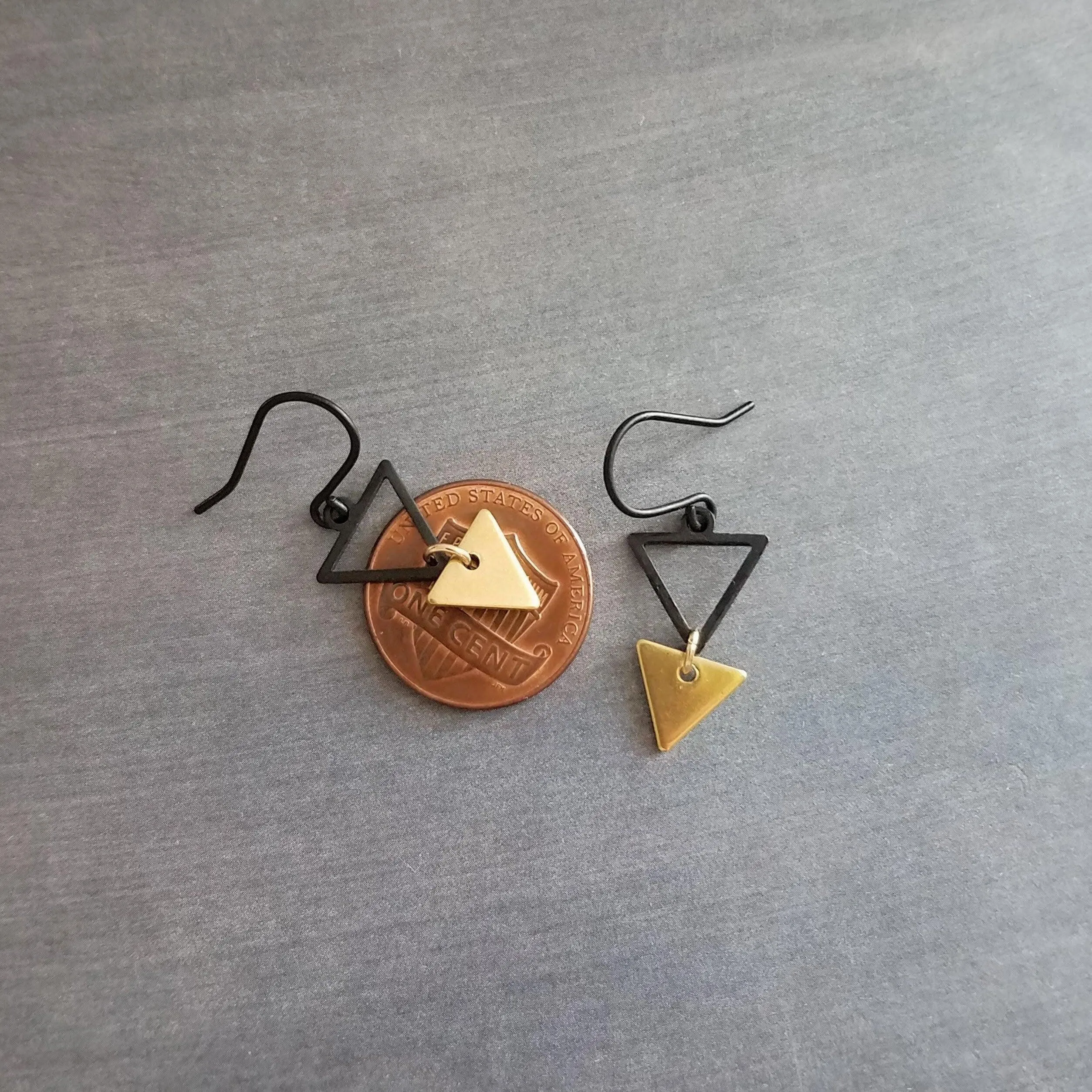 Small Triangle Earrings, black gold earring, matte black earring, double triangle earrings, triangle outline earring, black triangle outline