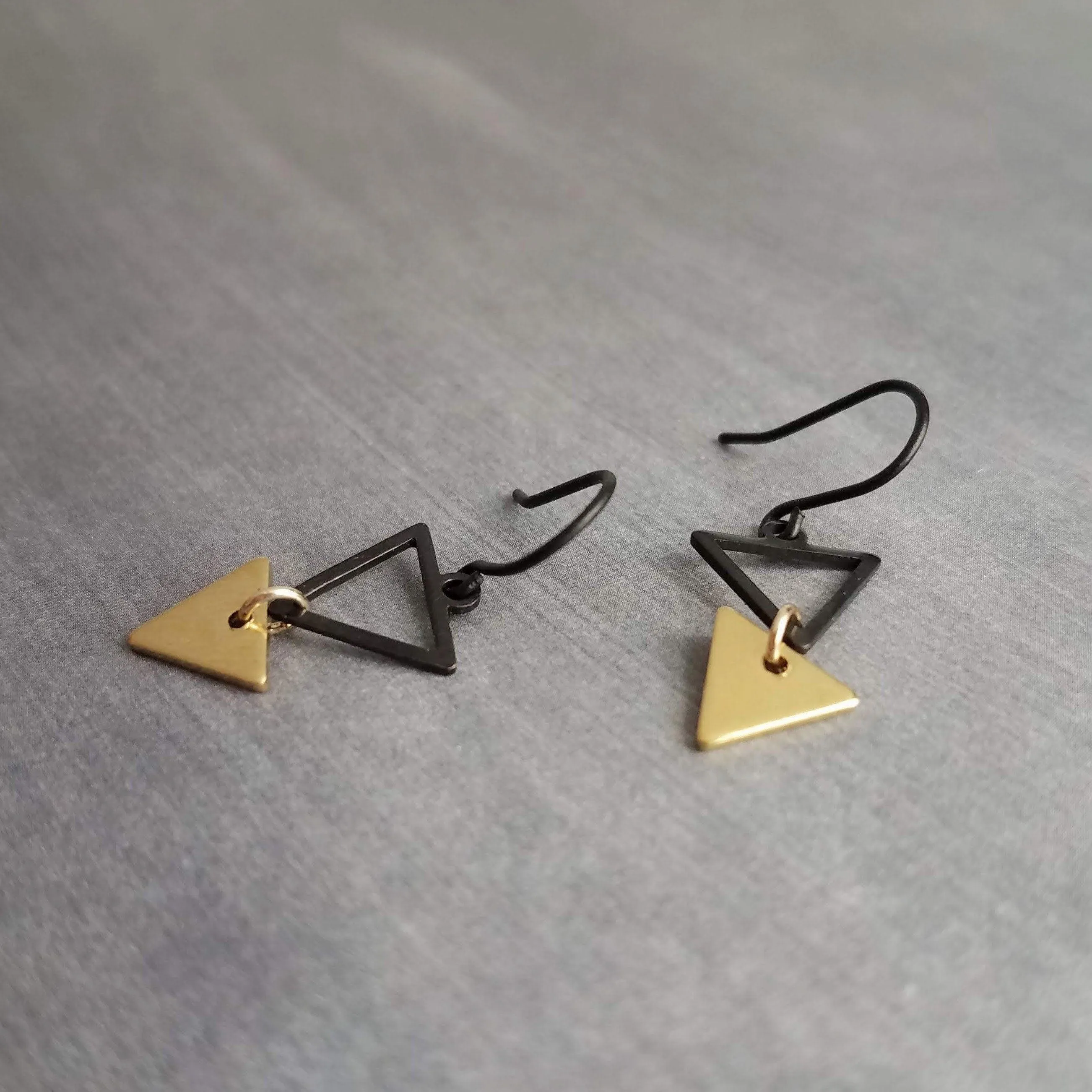 Small Triangle Earrings, black gold earring, matte black earring, double triangle earrings, triangle outline earring, black triangle outline