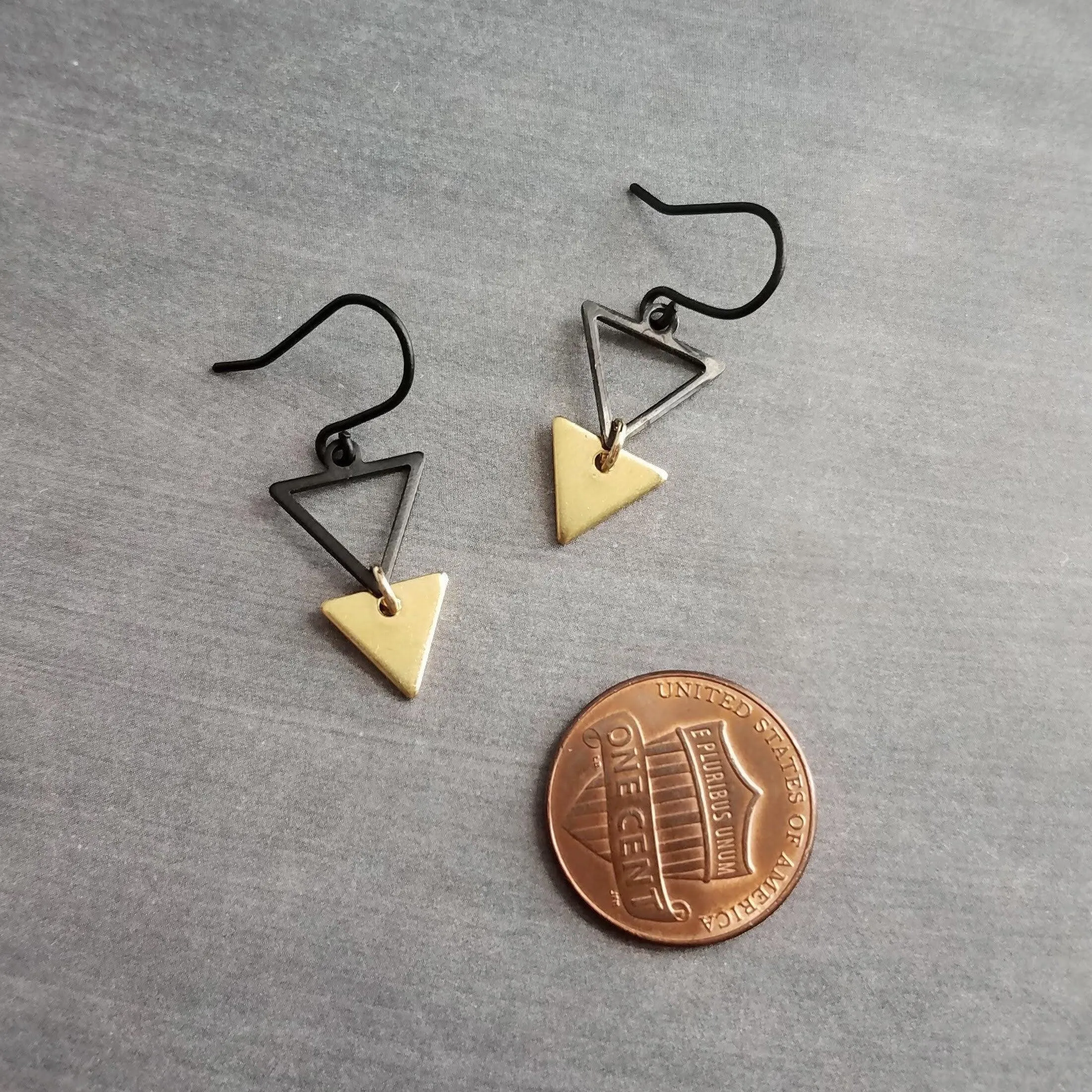 Small Triangle Earrings, black gold earring, matte black earring, double triangle earrings, triangle outline earring, black triangle outline
