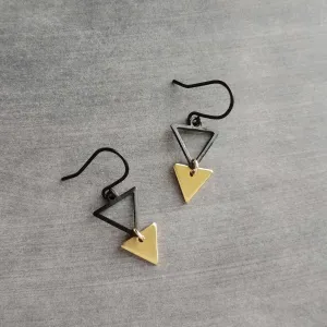 Small Triangle Earrings, black gold earring, matte black earring, double triangle earrings, triangle outline earring, black triangle outline