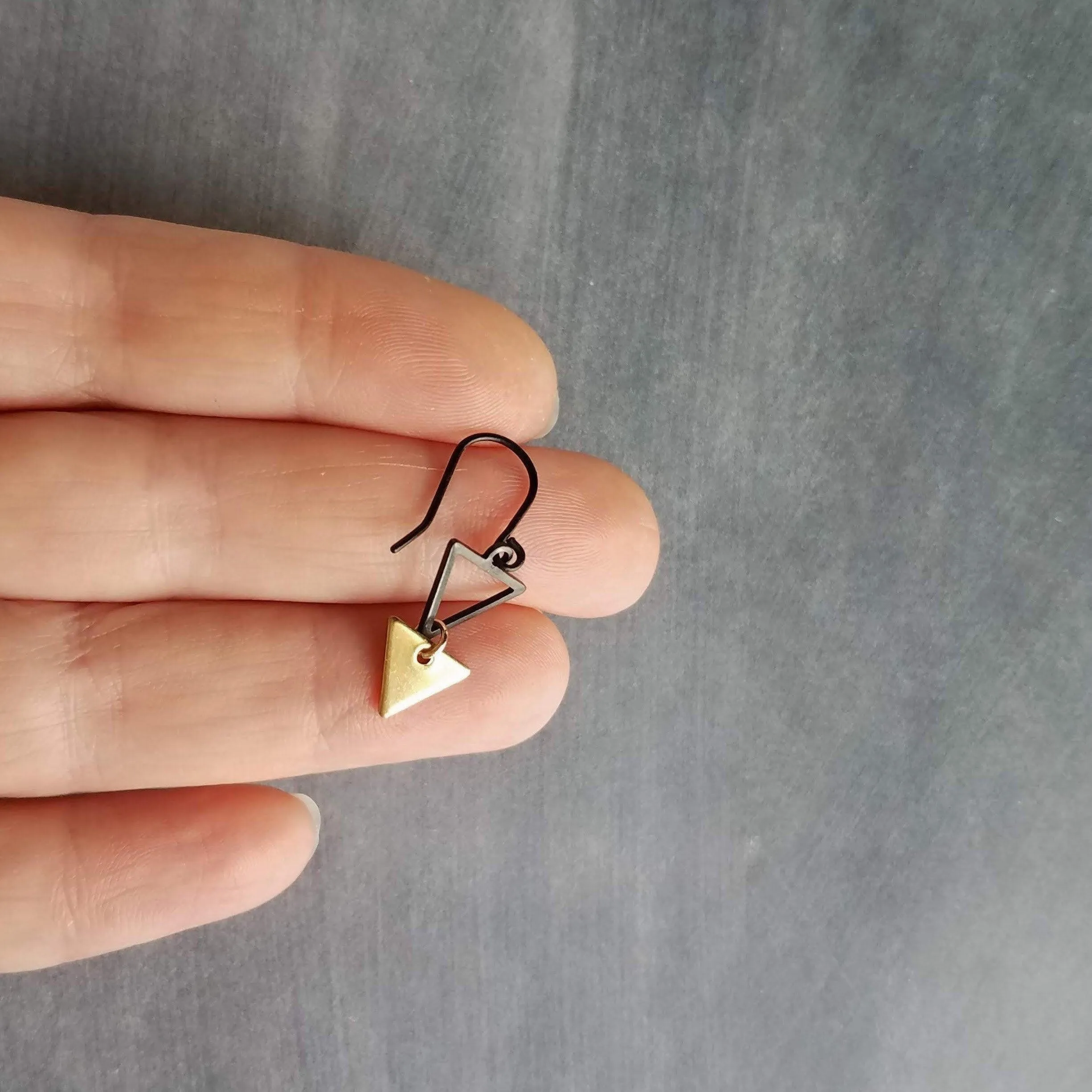 Small Triangle Earrings, black gold earring, matte black earring, double triangle earrings, triangle outline earring, black triangle outline