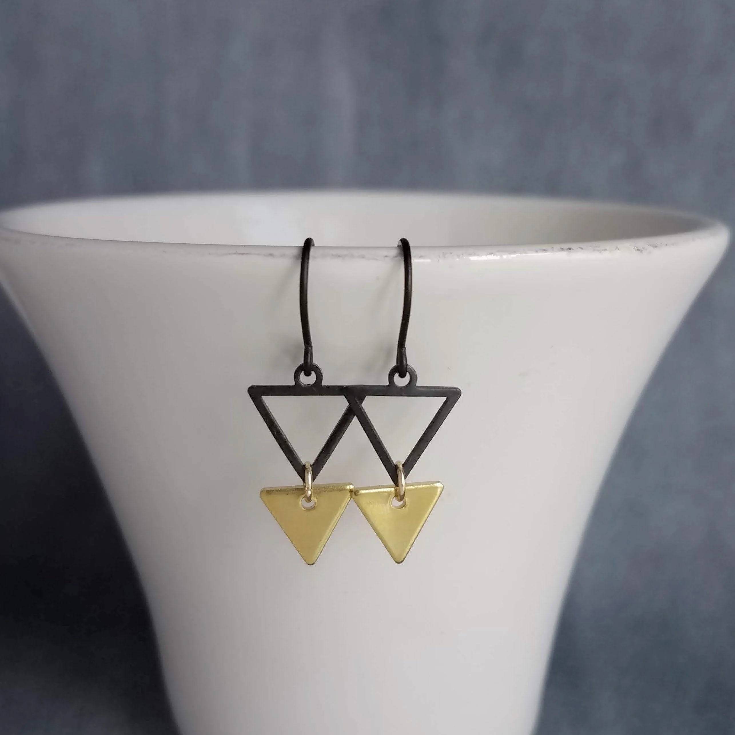 Small Triangle Earrings, black gold earring, matte black earring, double triangle earrings, triangle outline earring, black triangle outline
