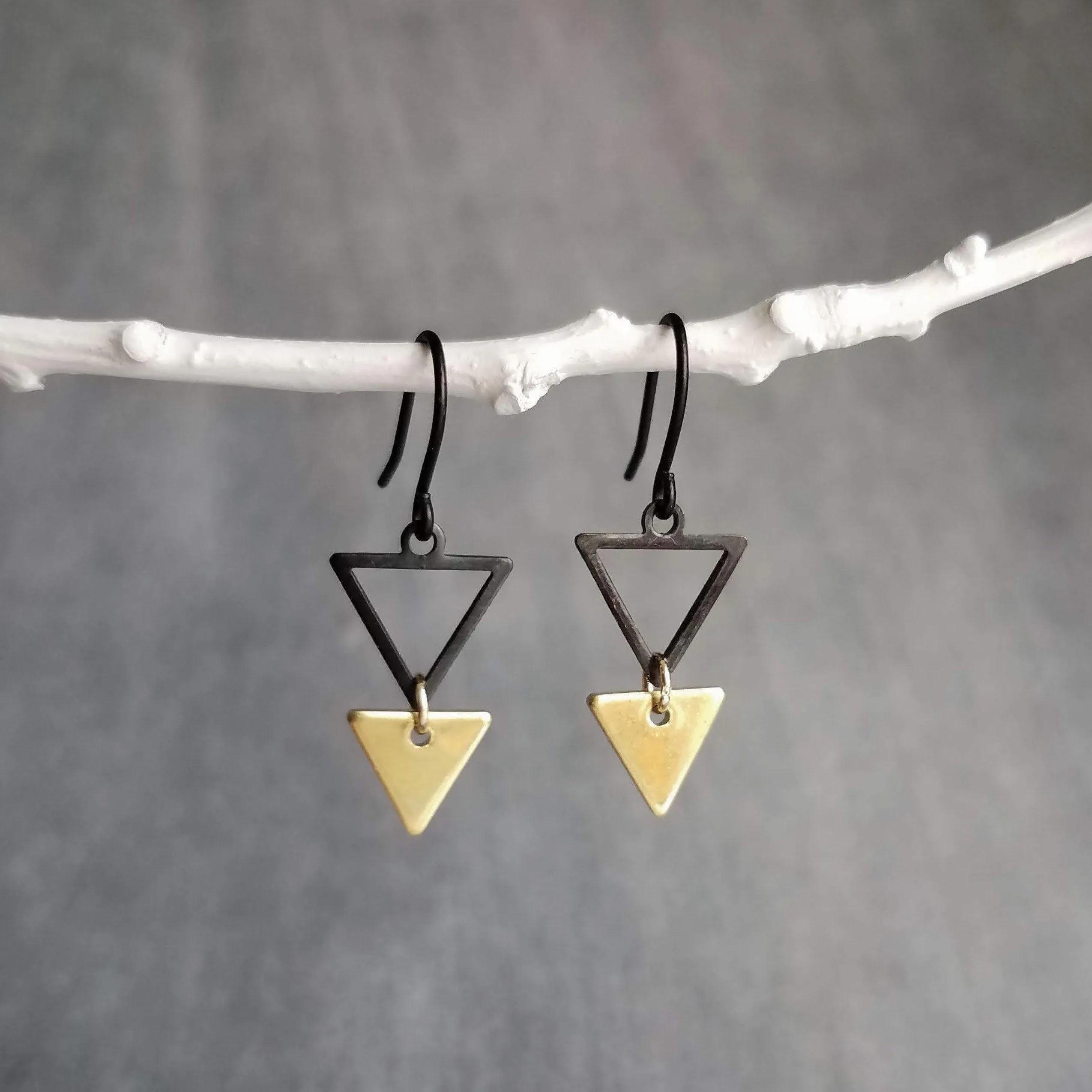 Small Triangle Earrings, black gold earring, matte black earring, double triangle earrings, triangle outline earring, black triangle outline