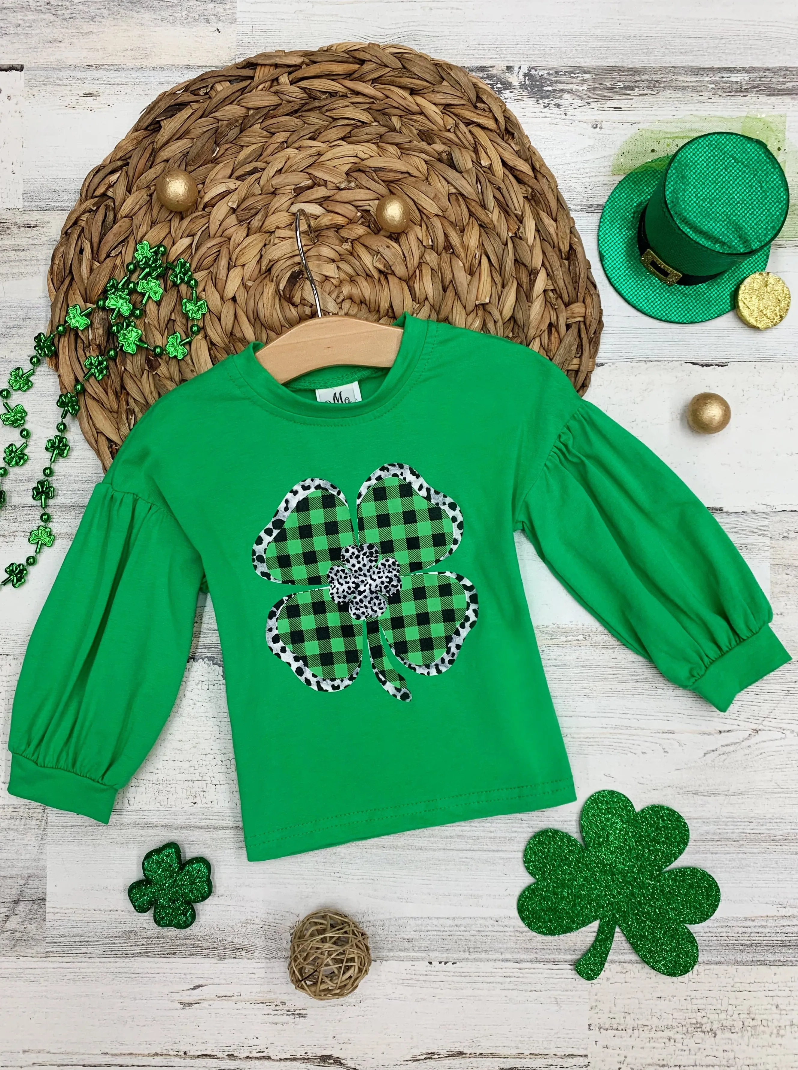 Sparkly Clover Long Sleeved Plaid Applique Top