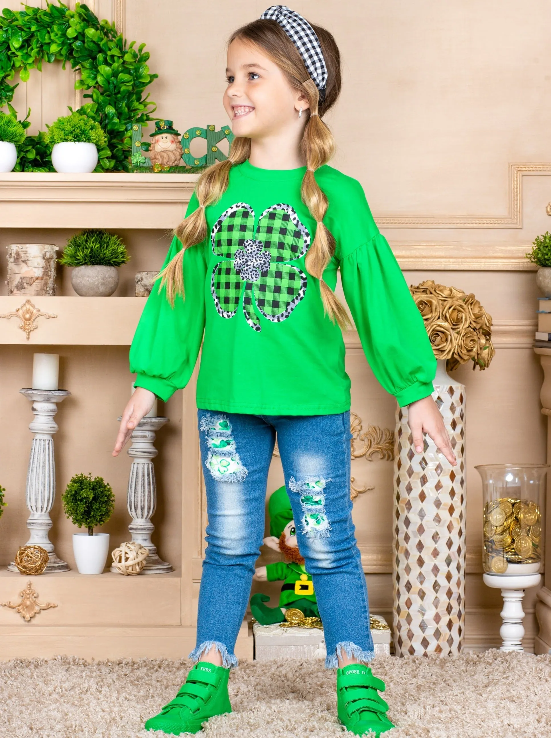 Sparkly Clover Long Sleeved Plaid Applique Top