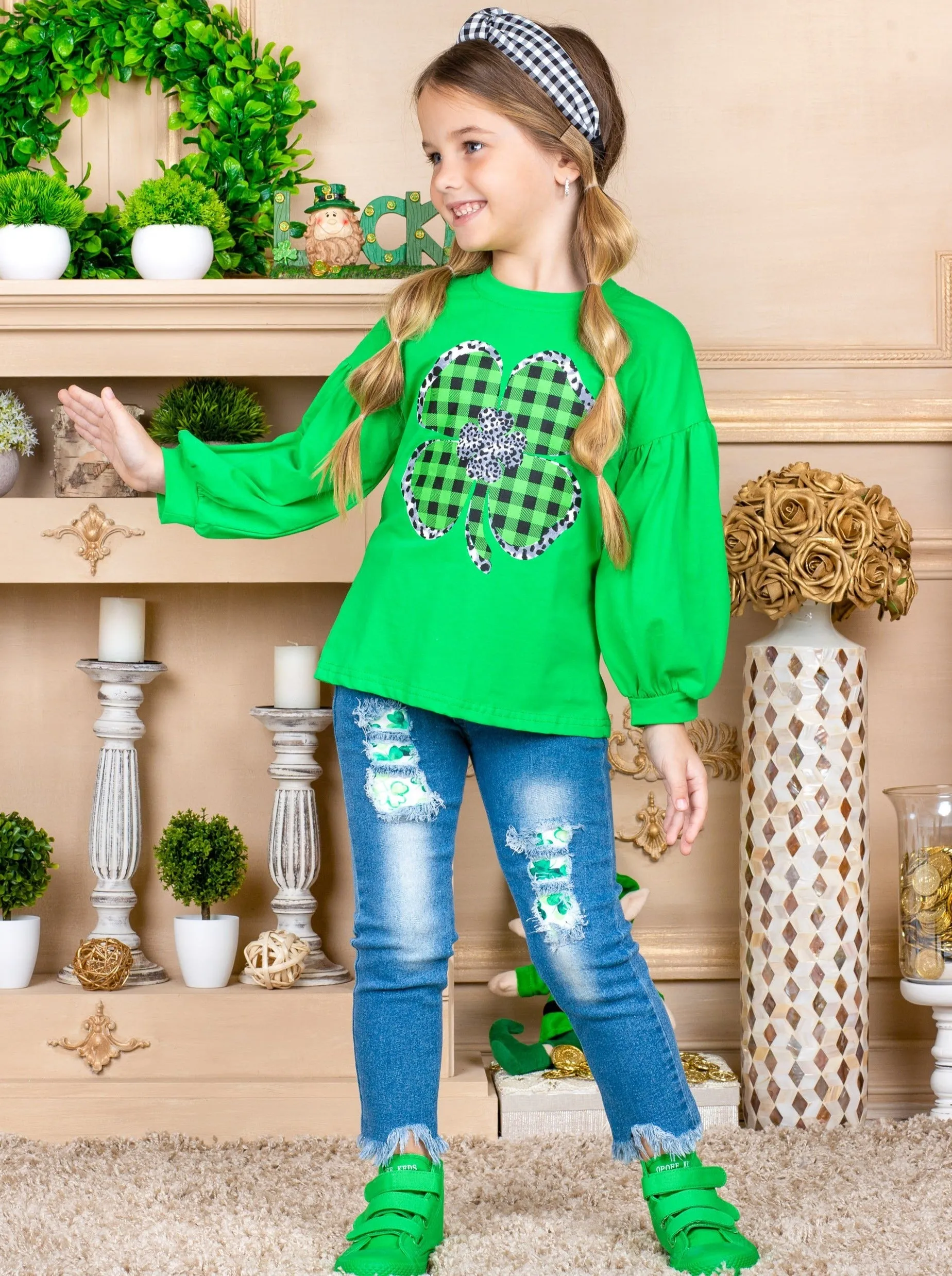 Sparkly Clover Long Sleeved Plaid Applique Top