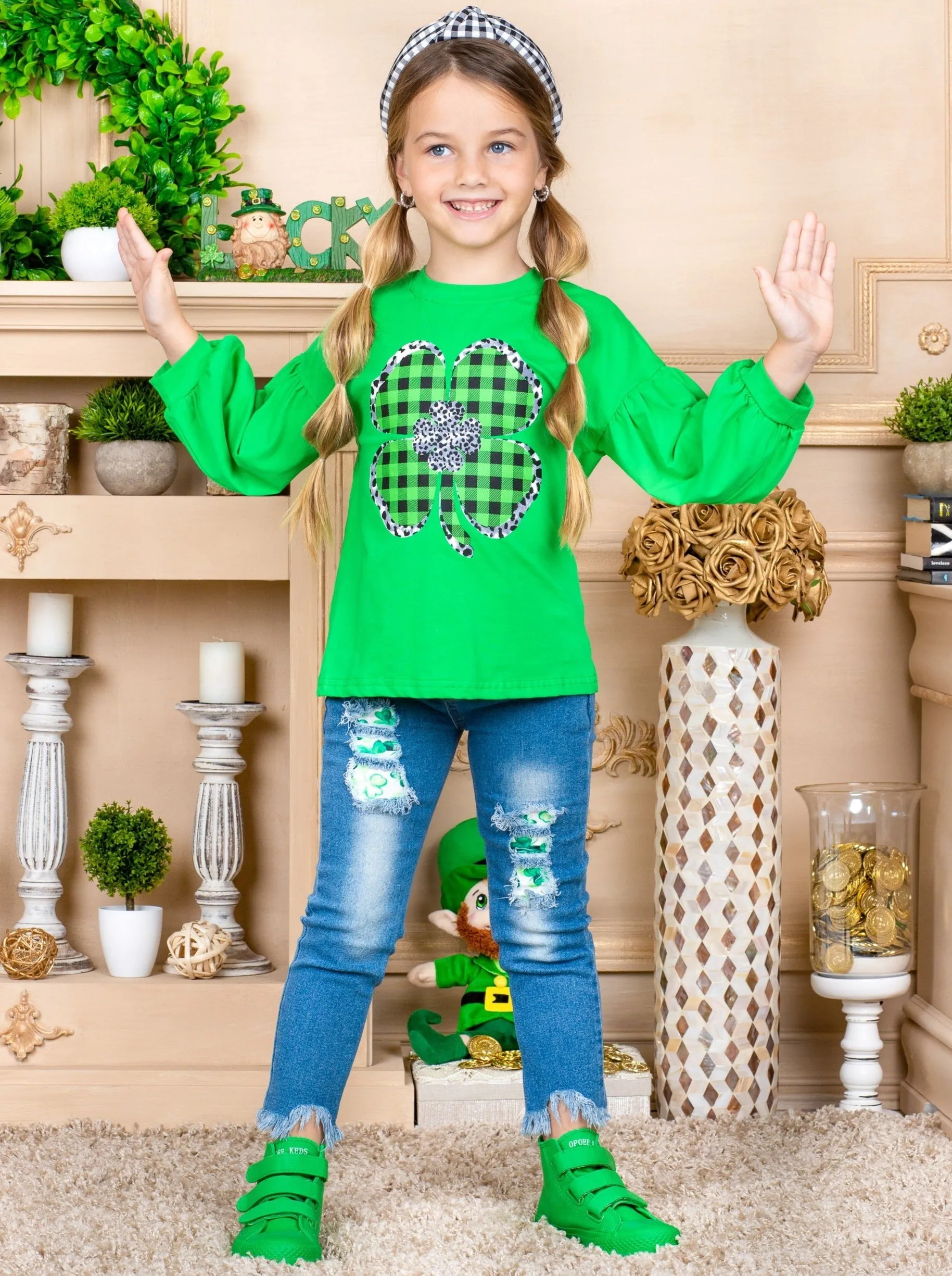 Sparkly Clover Long Sleeved Plaid Applique Top