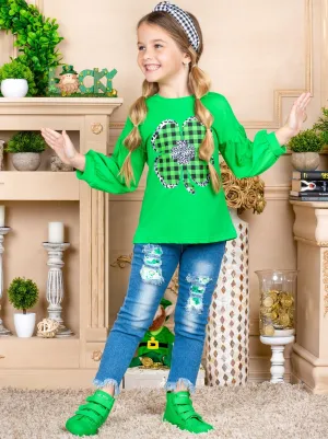 Sparkly Clover Long Sleeved Plaid Applique Top