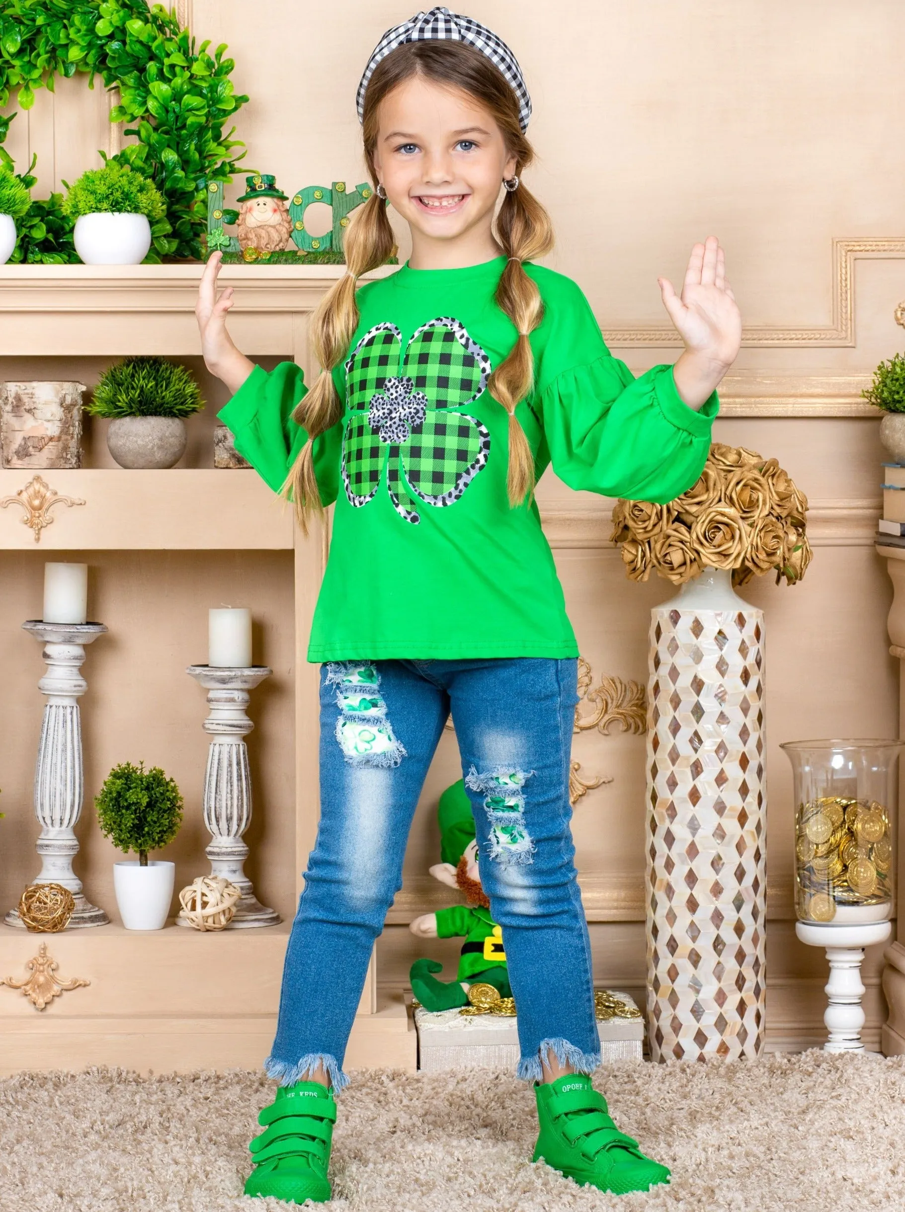 Sparkly Clover Long Sleeved Plaid Applique Top