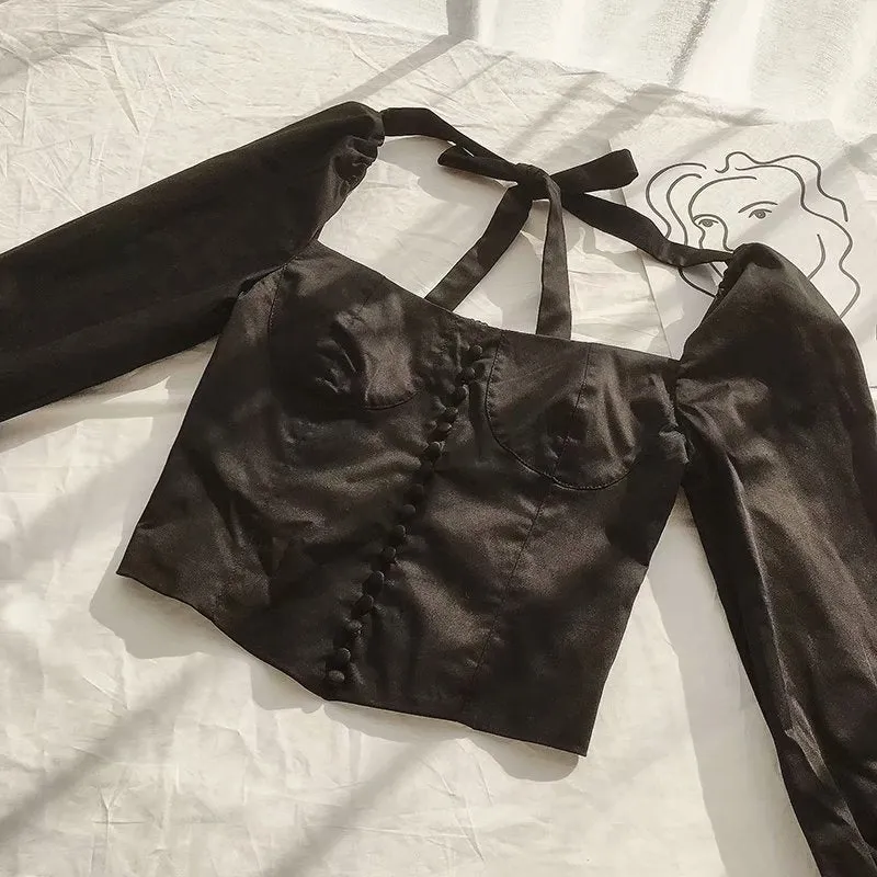 Spring Style French Retro Palace Sexy Square Collar Low-cut Buckled Slim Long-sleeved Shirt Blouse