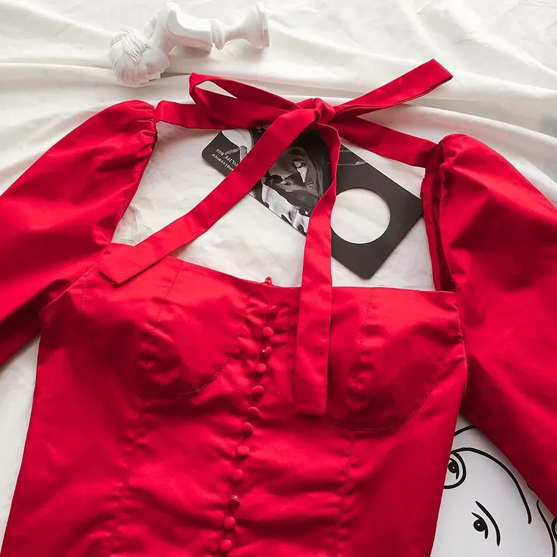 Spring Style French Retro Palace Sexy Square Collar Low-cut Buckled Slim Long-sleeved Shirt Blouse