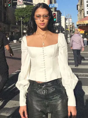 Spring Style French Retro Palace Sexy Square Collar Low-cut Buckled Slim Long-sleeved Shirt Blouse