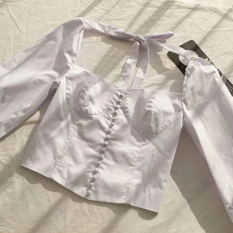 Spring Style French Retro Palace Sexy Square Collar Low-cut Buckled Slim Long-sleeved Shirt Blouse