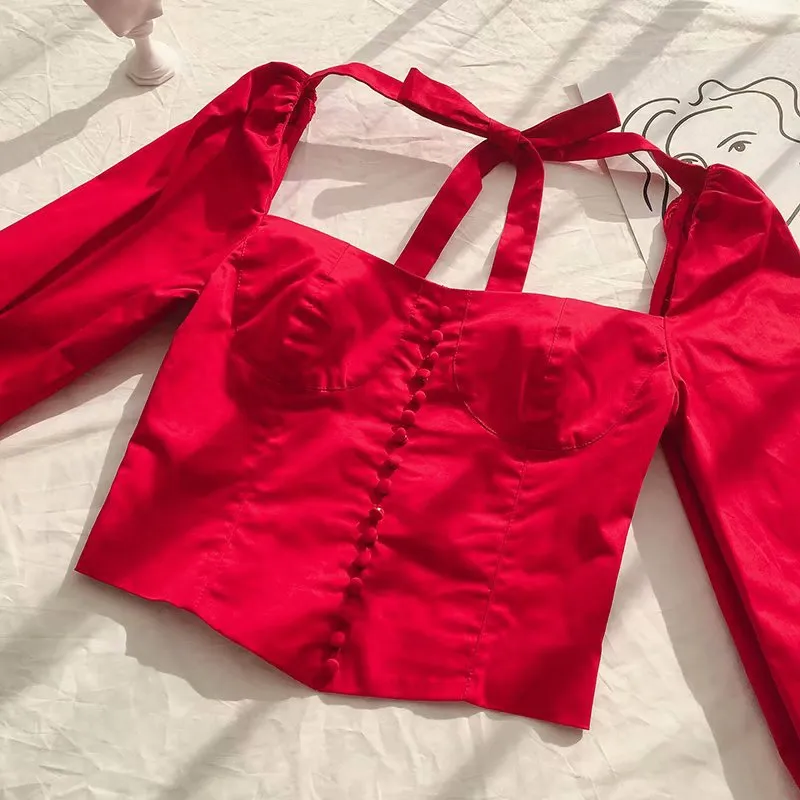 Spring Style French Retro Palace Sexy Square Collar Low-cut Buckled Slim Long-sleeved Shirt Blouse