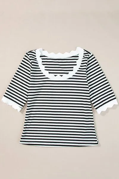Striped Contrast Scallop Trim Half Sleeve T-shirt