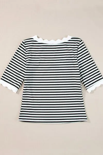 Striped Contrast Scallop Trim Half Sleeve T-shirt