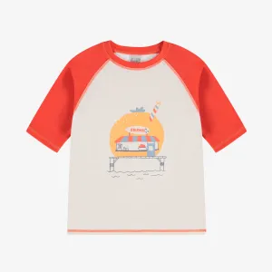 T-shirt de bain à manches courtes crème et orange, enfant||Cream and orange short sleeves swimming t-shirt, child