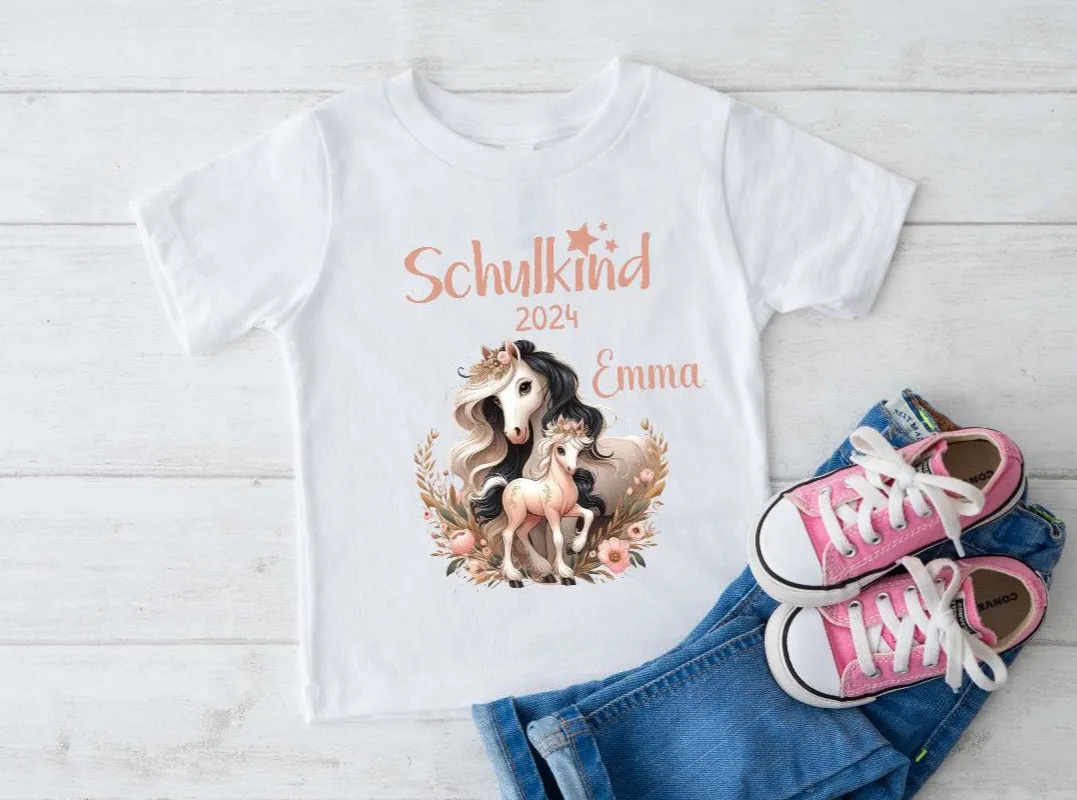 T-Shirt Schulkind Pferd mit Name personalisiert Mädchen Einschulungsshirt Einschulung erste Klasse Geschenk