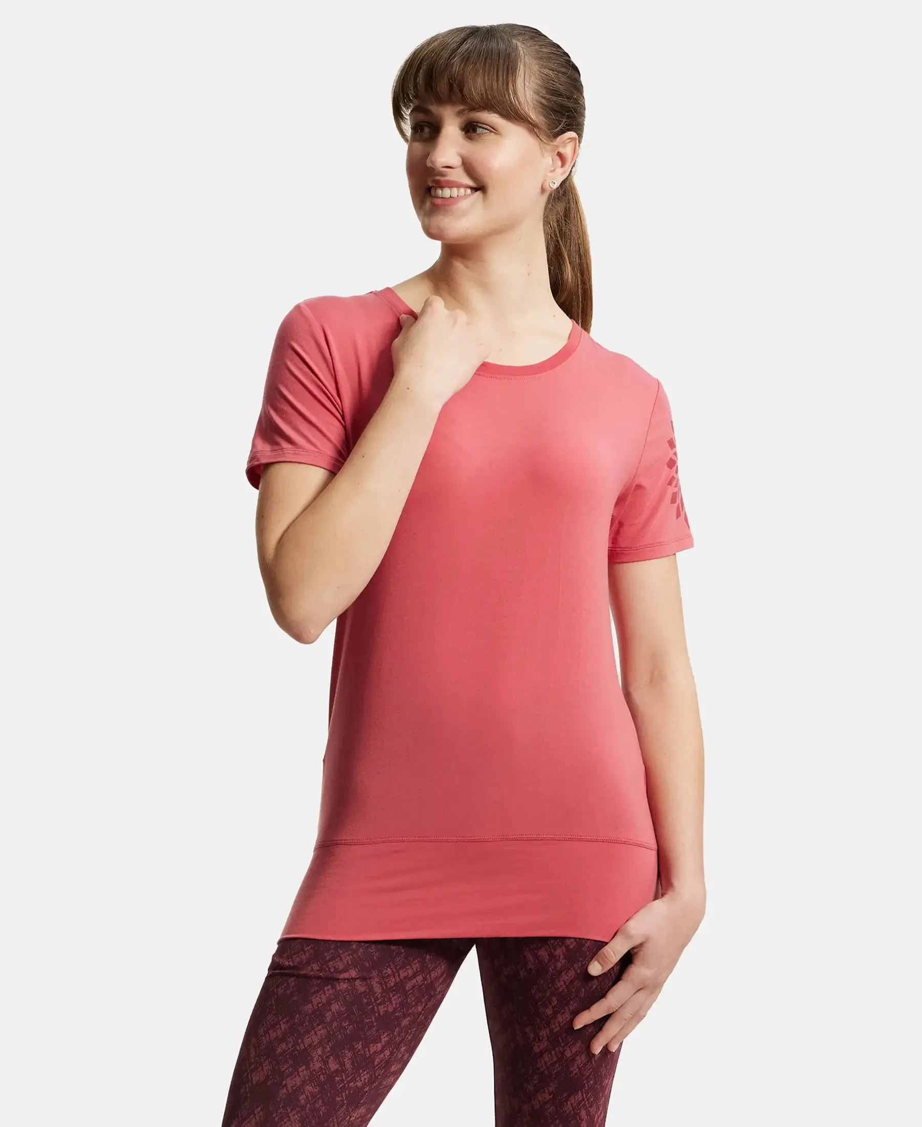 Tencel Lyocell Elastane Stretch Relaxed Fit Graphic Printed Half Sleeve T-Shirt - Garnet Rose